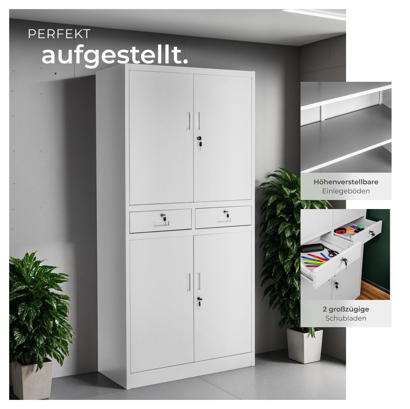 tectake Aktenschrank Geräumiger Stahlschrank mit 2 Schubladen (Aktenregal, 1-St., in hellgrau) Verstärkte Flügeltüren mit geräuschdämpfenden Puffern – Bild 4 von 5