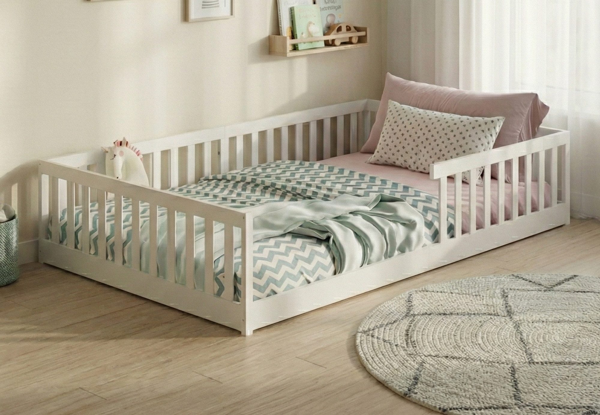 Kids Collective Kinderbett Bodenbett Bett mit Rausfallschutz & Lattenrost Montessori Bett Kinder (weitere Größen, 90x200, 140x200 cm), Jugendbett Einzelbett optional mit Matratze, weiß Kiefer 120x200 cm