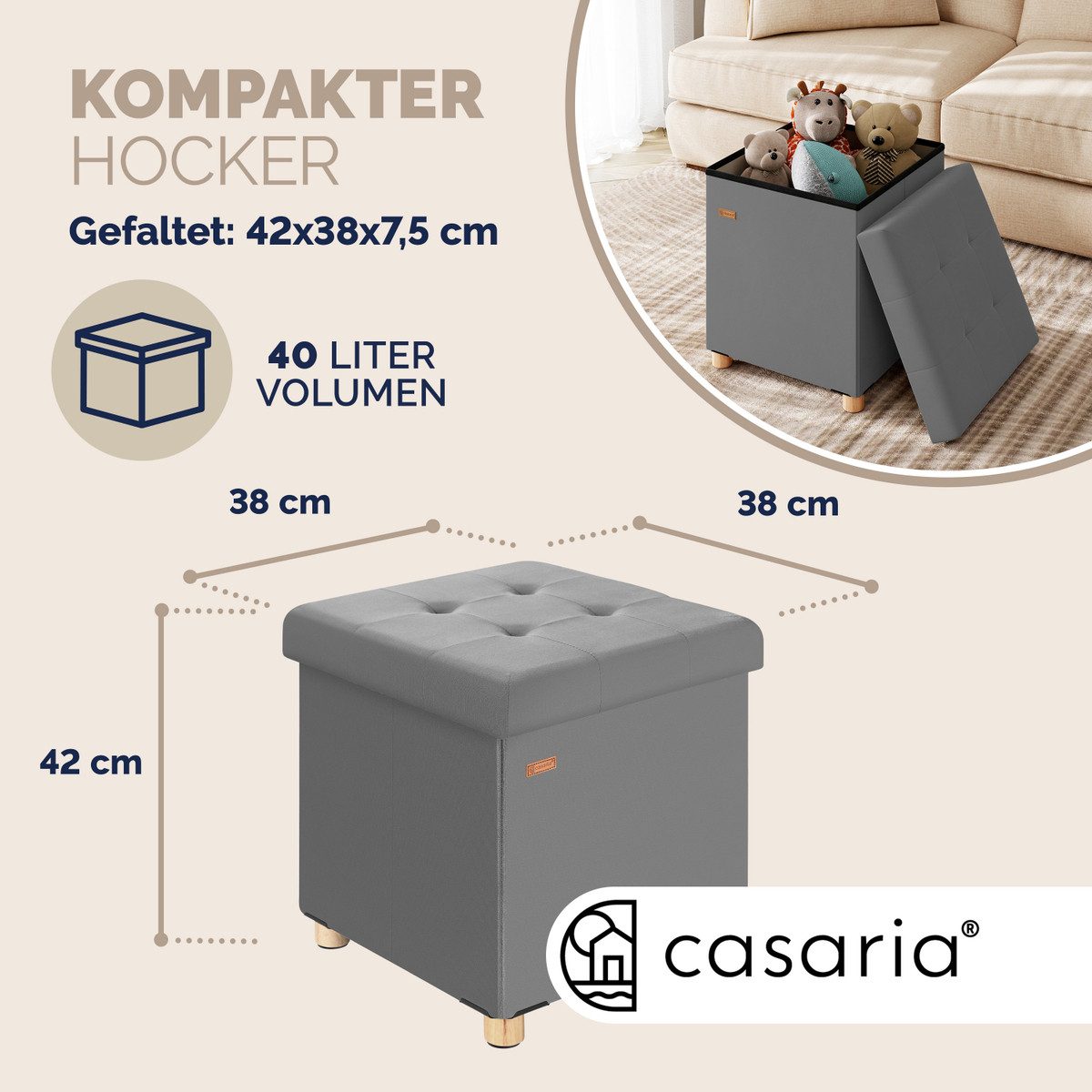 Casaria Sitzhocker, Samt Anthrazit Faltbar inkl. Füßen 38x38cm 300kg Belastbar Wohnzimmer