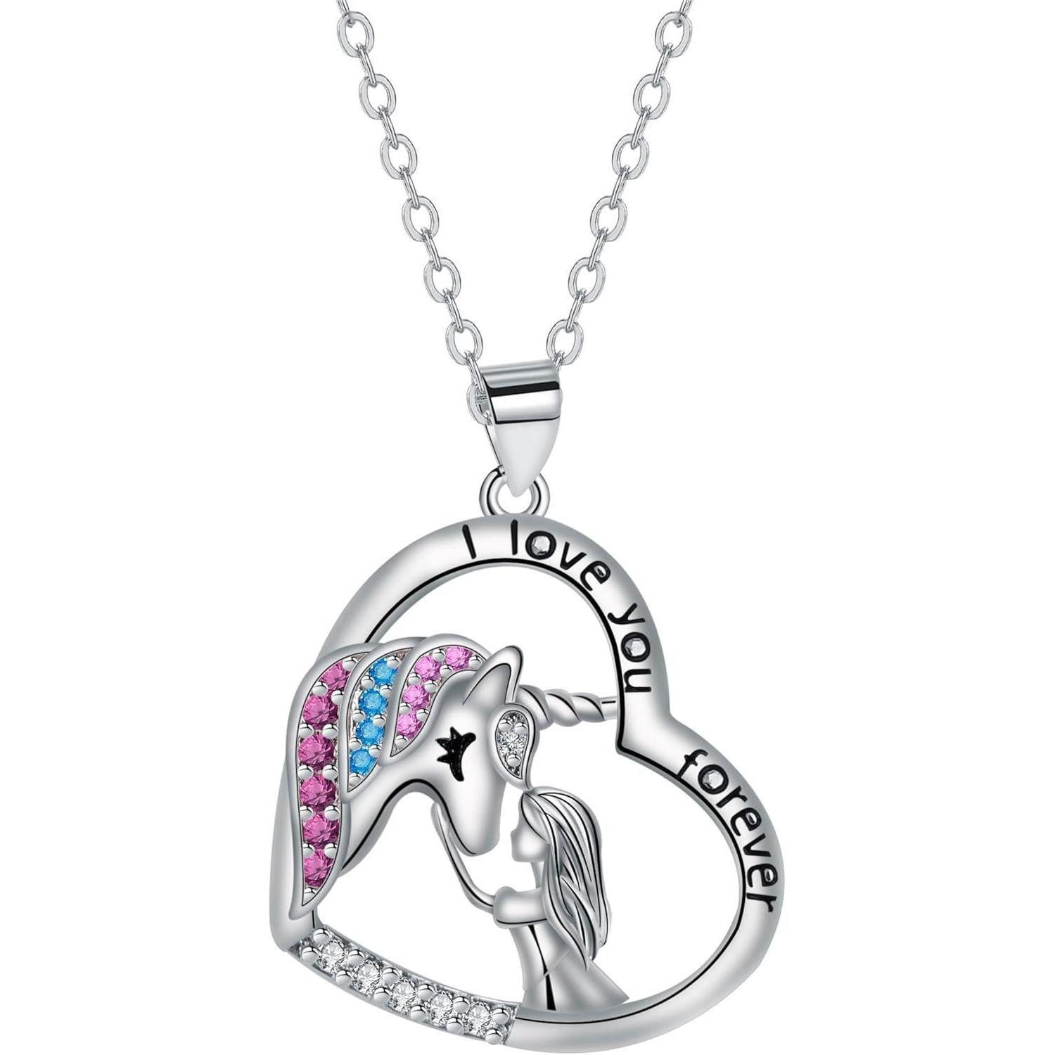 Kette mit Anhänger Halskette Damen 925 Sterling Silber Herz Anhänger Einhorn-A