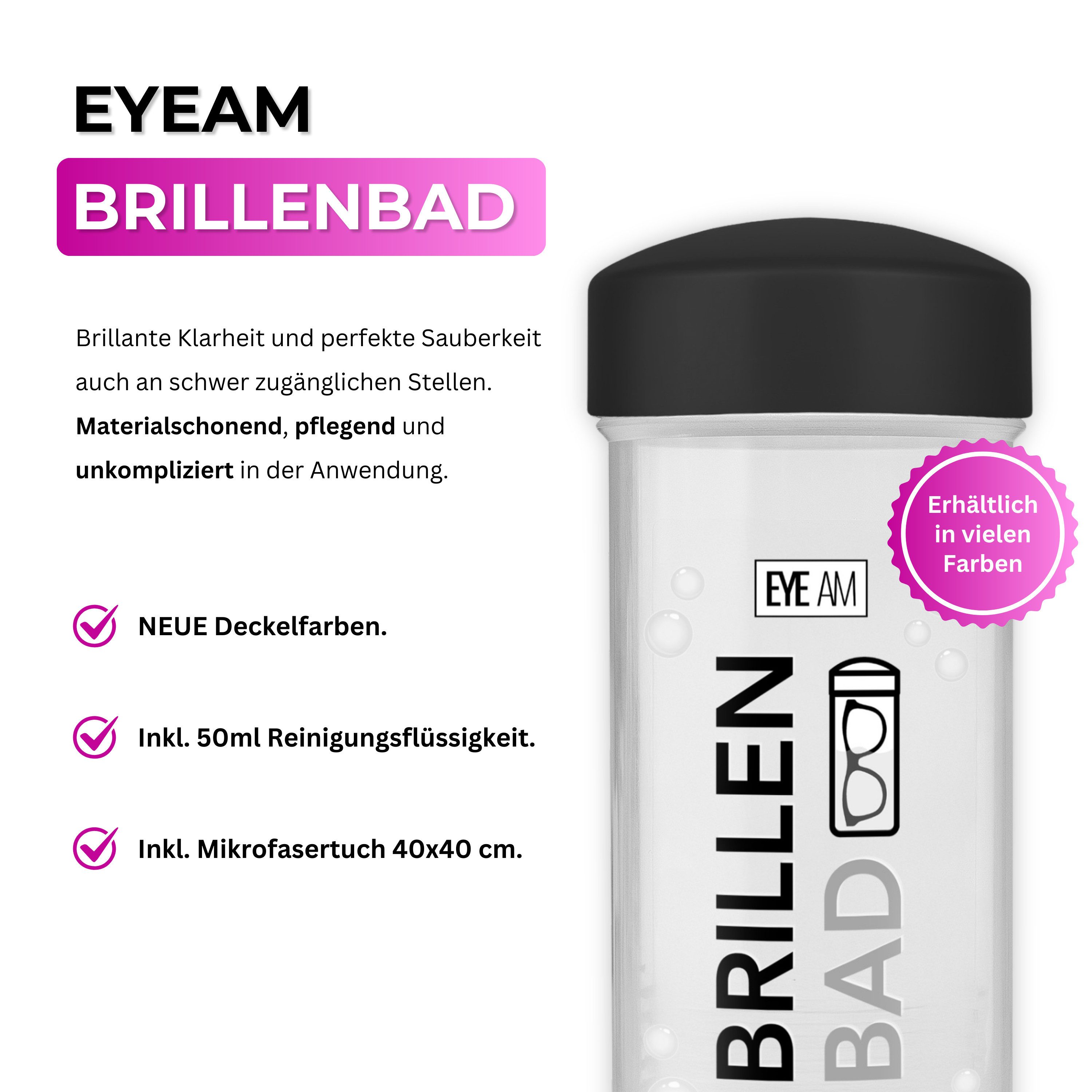 EyeAm Brillenbad Set inkl. 50ml Konzentrat & Mikrofasertuch, Reinigungskonzentrat (im Set mit 50ml Spezialreiniger & Mikrofasertuch 40x40 cm)