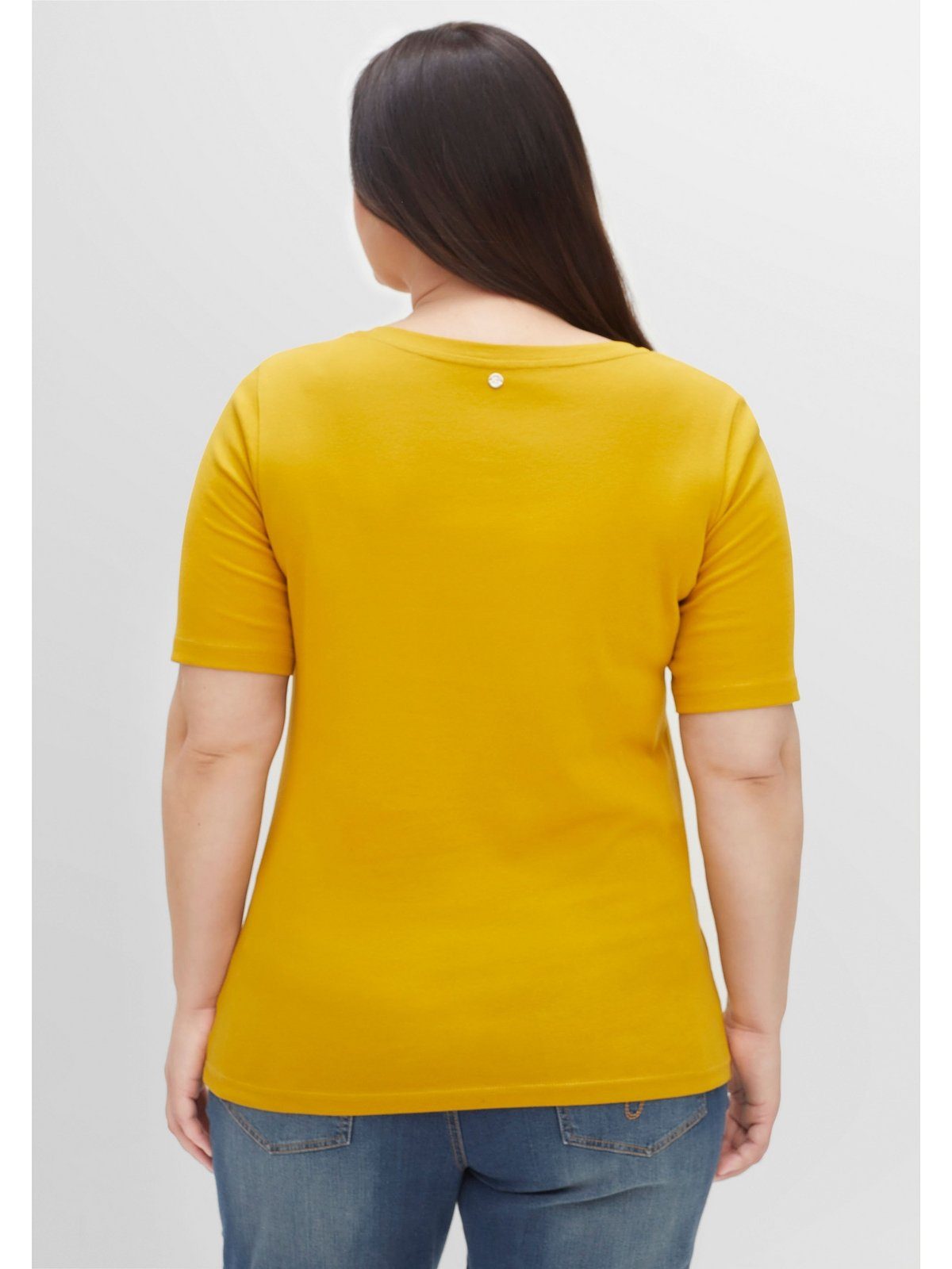 Große Größen Rippstruktur, Sheego T-Shirt senfgelb Knopfleiste mit in