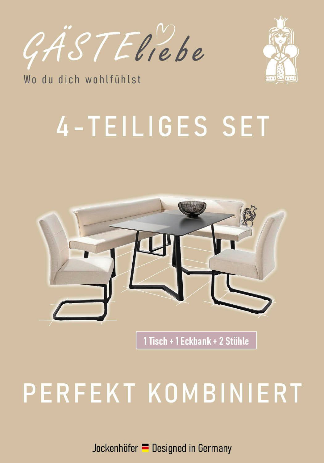 OTTO home Eckbankgruppe ENNO (Set, 4-tlg. Tisch, Bank und 2 Stühle), Taschenfederkern, Tisch (140x90cm) schwarz, Bank und Stühle anthrazit oder beige