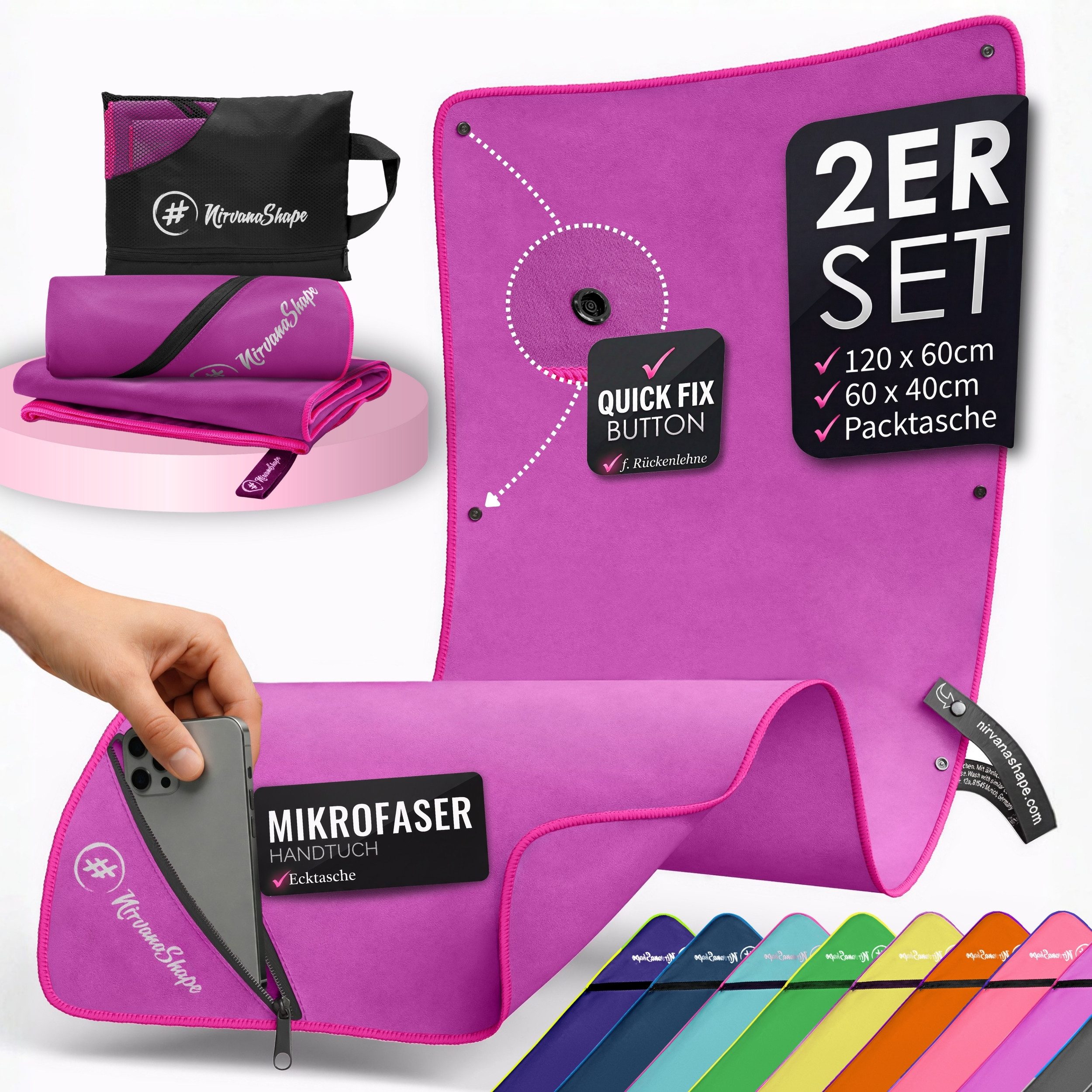NirvanaShape Reisehandtuch Mikrofaser Handtücher Set, Badehandtuch, Reisehandtuch, Strandtuch, Ecktasche mit Reißverschluss, saugfähig, leicht, schnelltrocknend