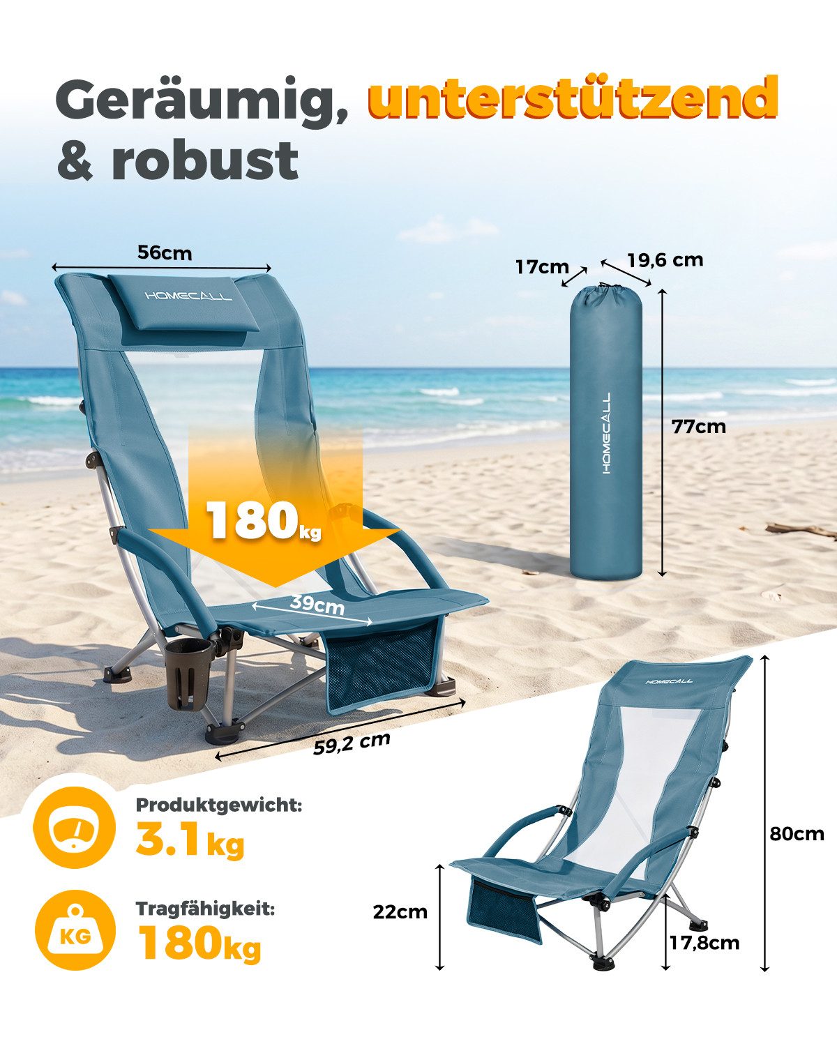 HOMECALL Klappstuhl Strandliegestuhl Klappbar leicht niedriger Strandstuhl Campingstuhl (2 St), Bequeme Rückenlehne, Gepolsterte Armlehnen, bis 180 kg – Bild 2 von 5