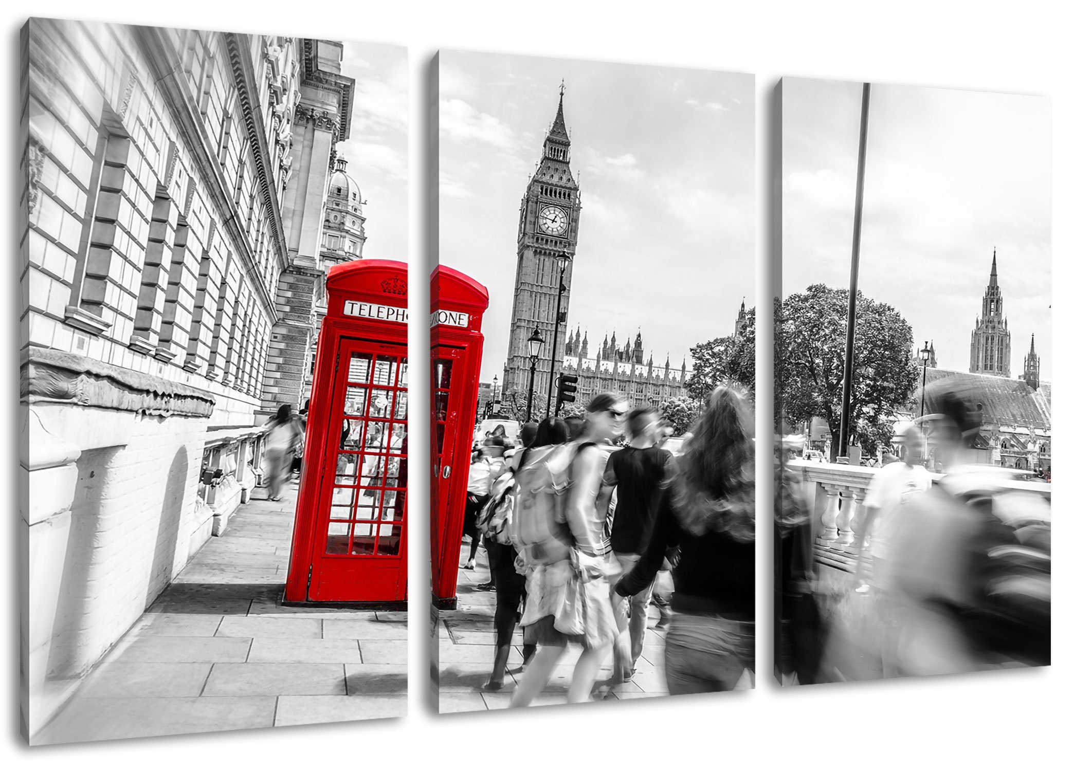 Leinwandbild St), Pixxprint 3Teiler inkl. (1 fertig (120x80cm) London, Leinwandbild in in London bespannt, Typische Telefonzelle Telefonzelle Typische Zackenaufhänger