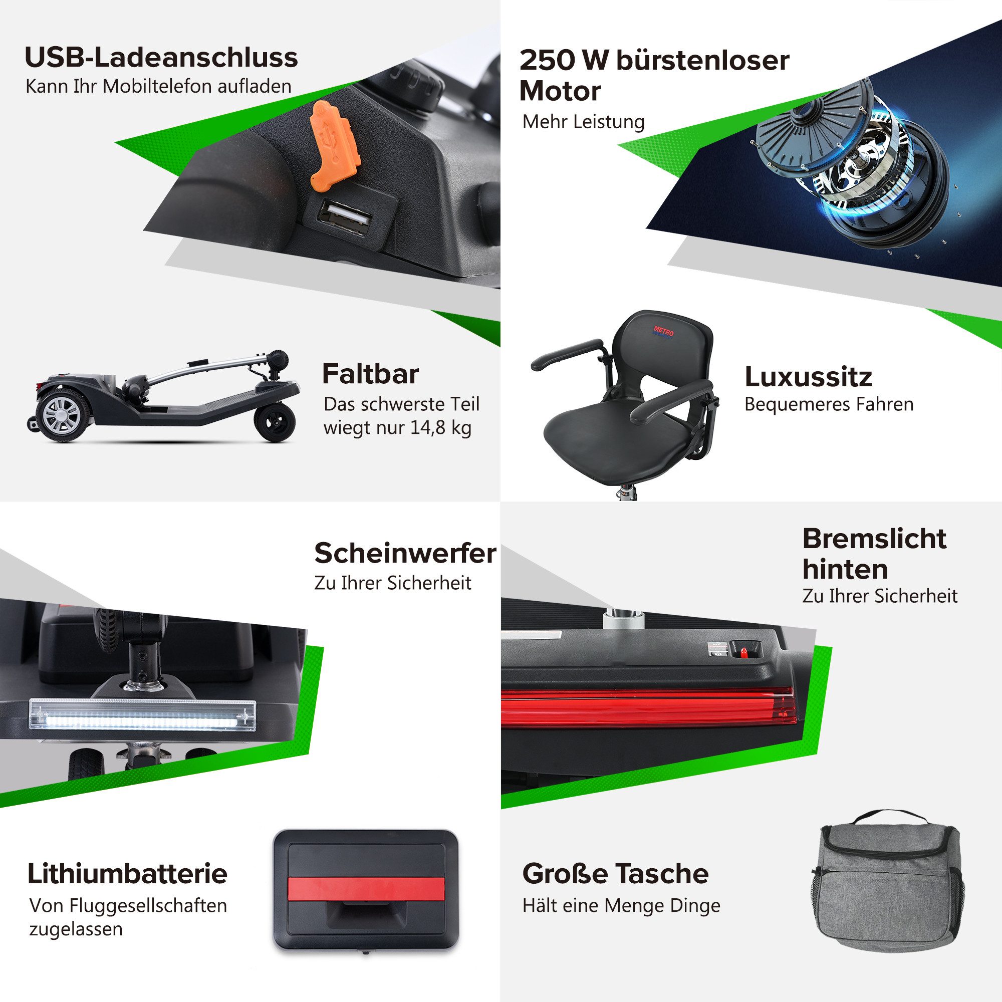 LVHOM Electric Mobility Scooter, Portable Aluminum (Lightweight yet Sturdy) - Senior Mobility Scooter, 4-Wheel, Foldable (can be taken in car trunks and on airplanes). Ergonomic seat (height-adjustable, 360° swivel) with armrests and front basket, front/rear LED lights with brake light and electromagnetic brake, high-quality collapsible aluminum alloy frame, [12Ah, 250W, 945mm]. 120 kg load capacity. 25 km/h. 20 km range. Airplane-compatible folding design (115 x 53.5 x 37 cm when packed), mobility freedom for generations, total weight: 29 kg