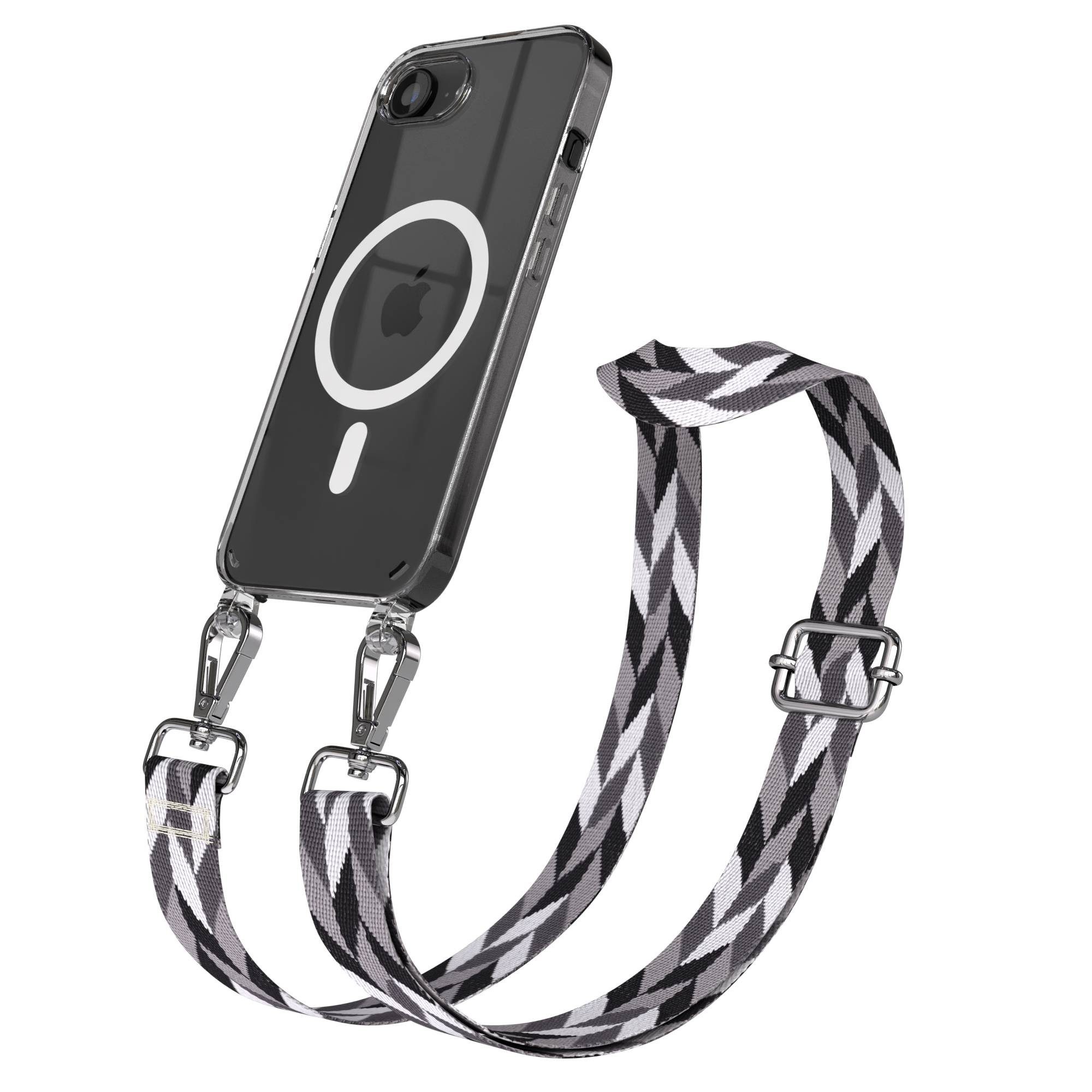 EAZY CASE Handykette Apple iPhone 17 Pro Chain MagSafe Eyelets (open Ring) Slim Neck Strap 6,1 Zoll, Handyhülle Rope Band MagSafe Crossbody Mix Grau Schwarz