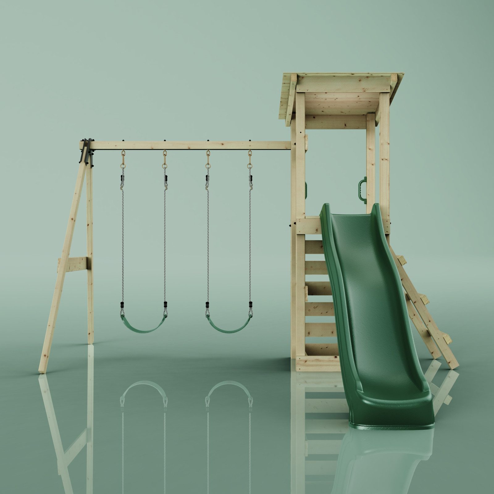 OutdoorToys Spielturm Neapel, aus Holz in Grün mit Kinderschaukel & Rutsche, Kletterwand