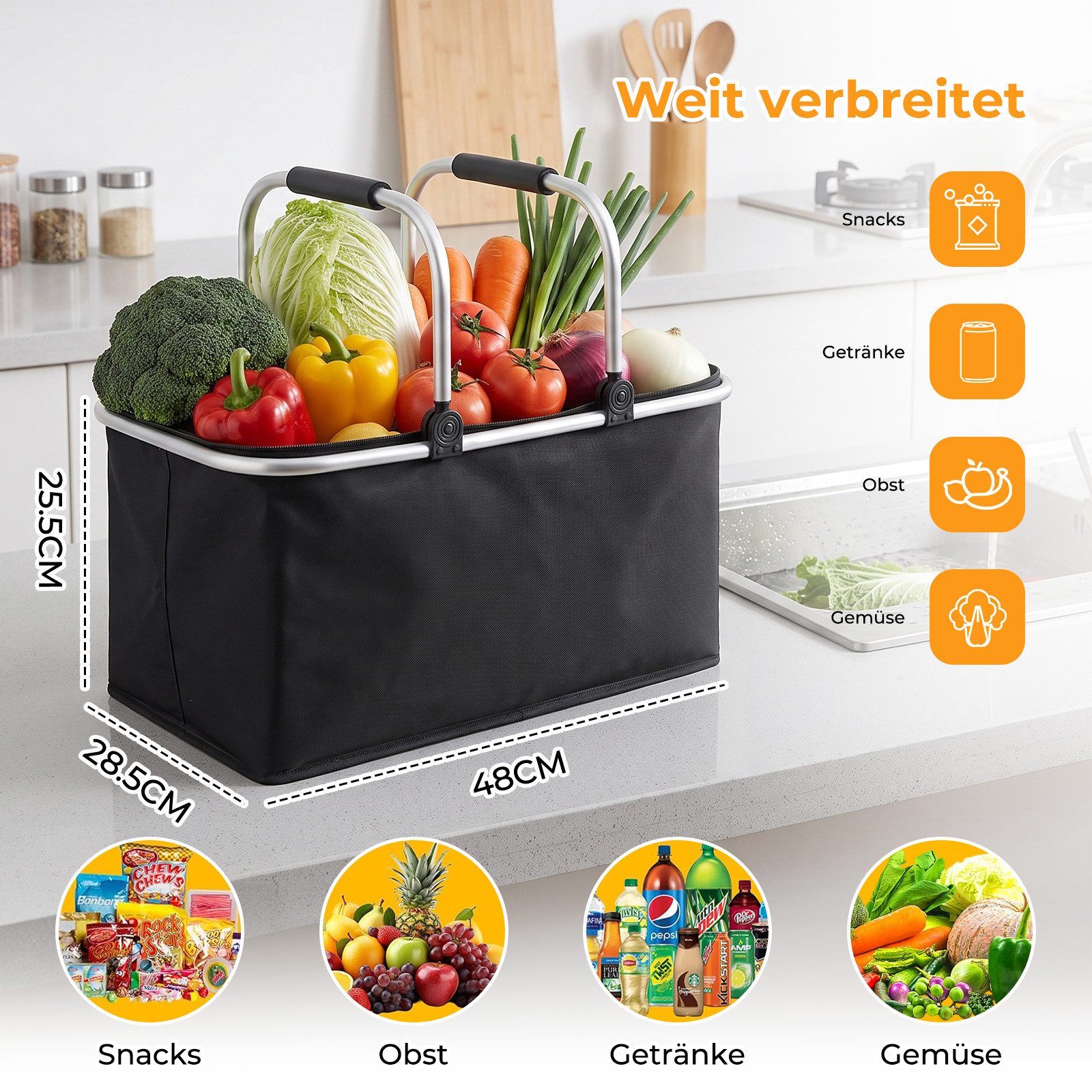 AKKEE Einkaufskorb Großer Picknickkorb mit gepolsterten Griffen Praktischer, Faltbarer Korb Einkaufstasche mit Aluminiumrahmen – Bild 5 von 5