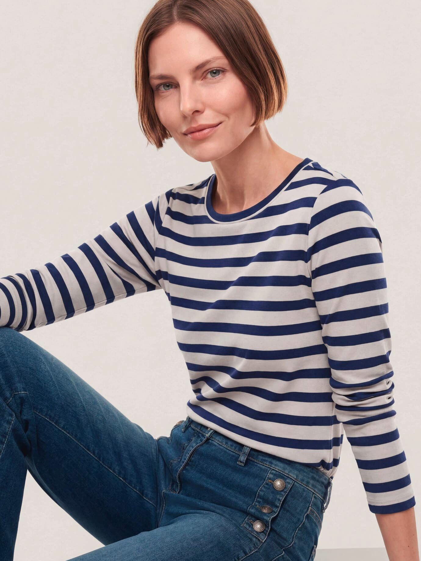 Walbusch Langarmshirt Damen Baumwollshirt mit Ringel Rundhals Langarm, Rundhals