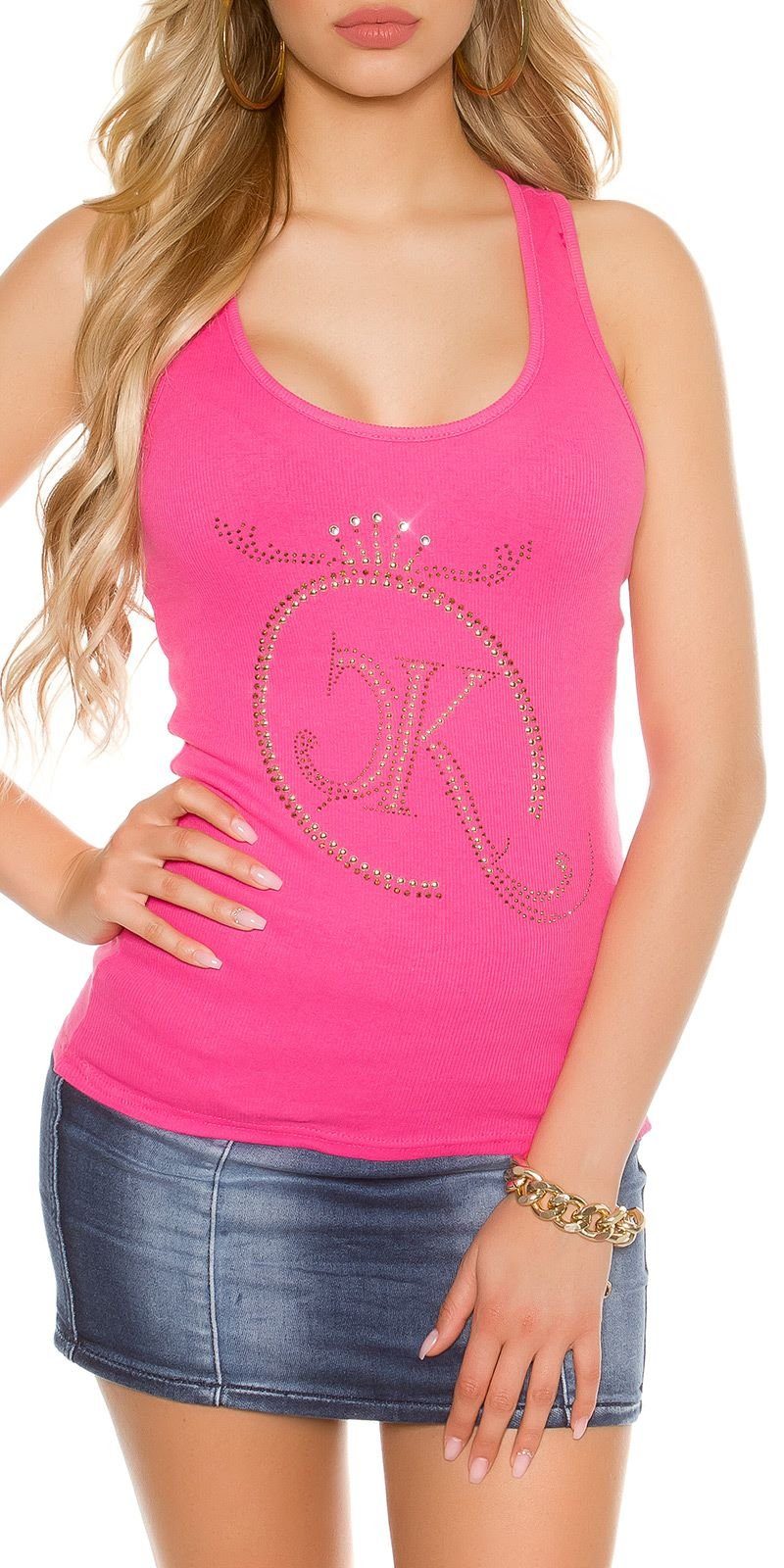 Koucla Tanktop Top magenta pink mit Strass Logo und gold Nieten (1-tlg)