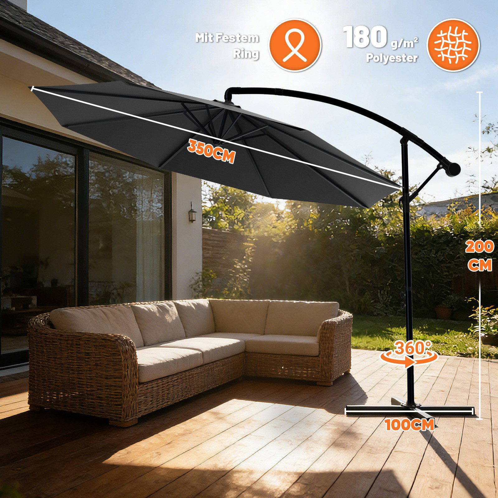 Huracan Sonnenschirm LED Solar Ø 250/300/350cm Ampelschirm mit Kurbel, Ständer, Gartenschirm Balkonschirm UV-Schutz Aluminium wasserdicht 360°neigbar