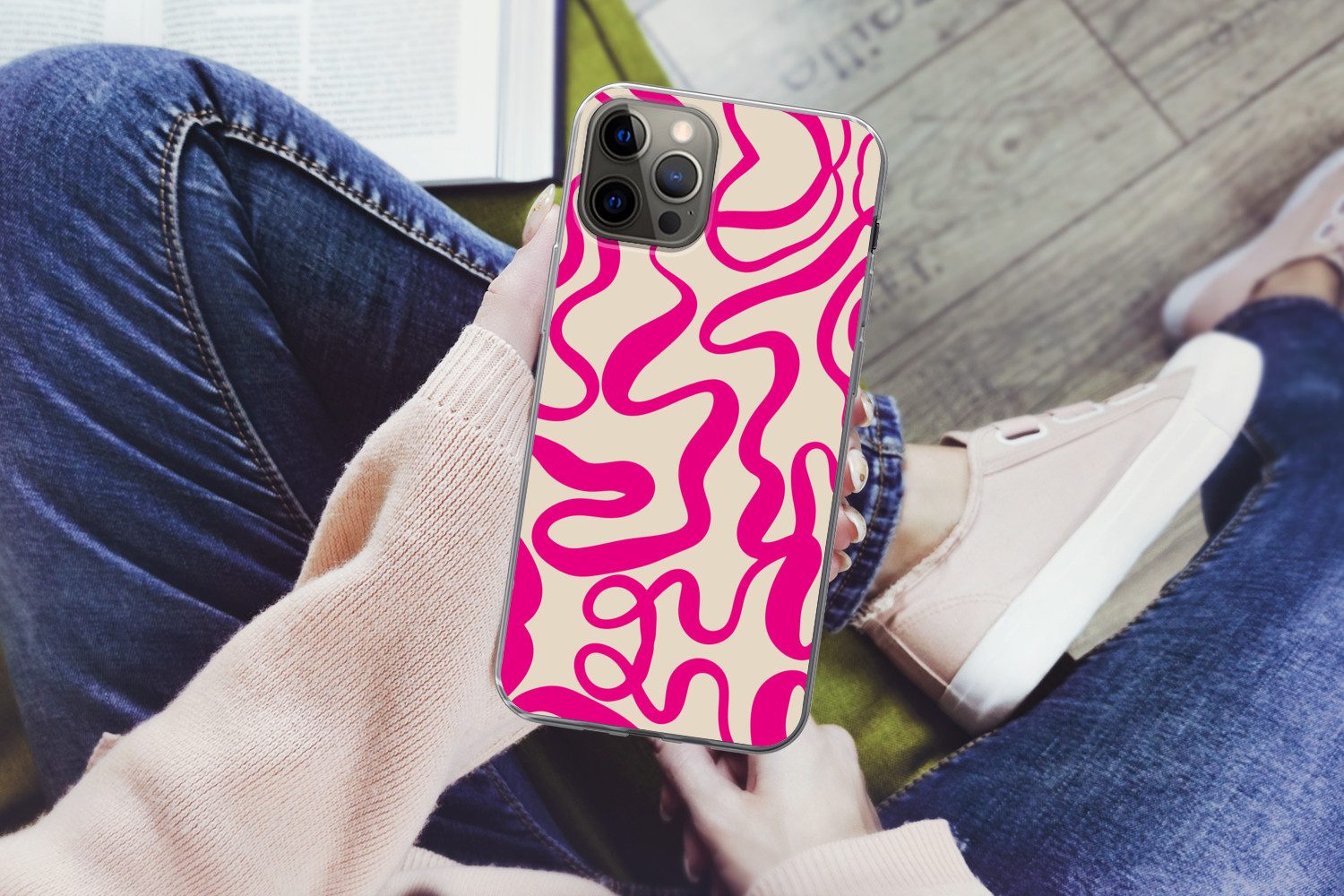 MuchoWow Handyhülle für Apple iPhone 13 Pro Max Linien - Rosa - Beige - Abstrakt - Minimal, Smartphone-Bumper, Print, Handy Schutzhülle Dünn