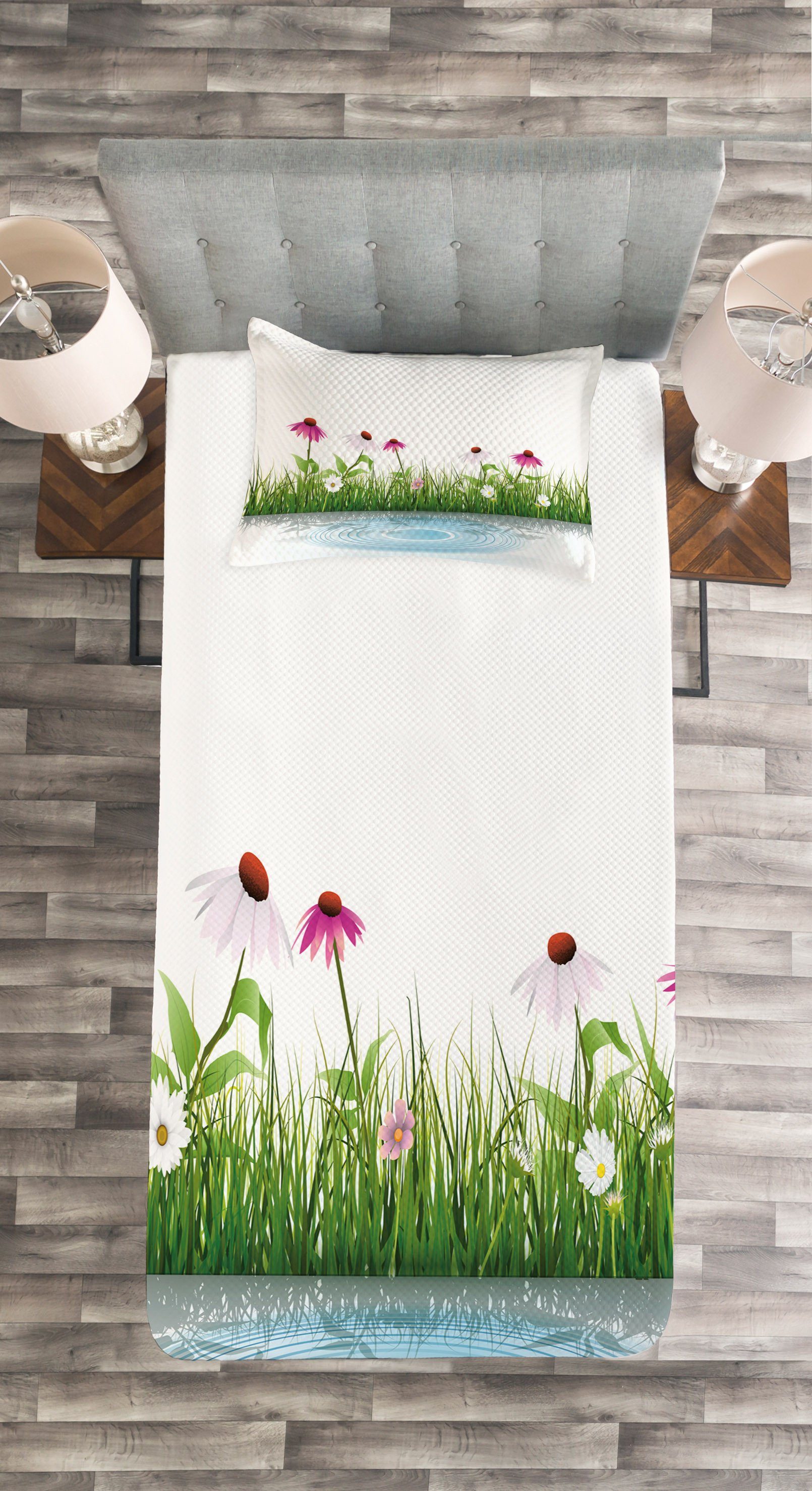 Set Waschbar, mit Kissenbezügen Cartoon Blumen Tagesdecke See Abakuhaus, Blumen