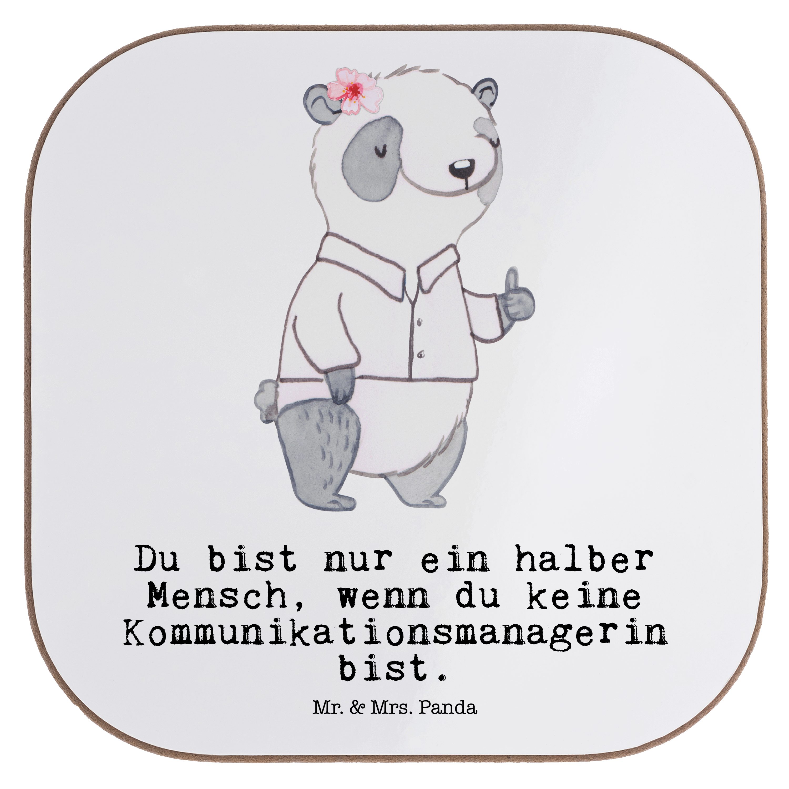 Mr. & Mrs. Panda Getränkeuntersetzer Kommunikationsmanagerin mit Herz - Weiß - Geschenk, studium, Getränke, 1-tlg.