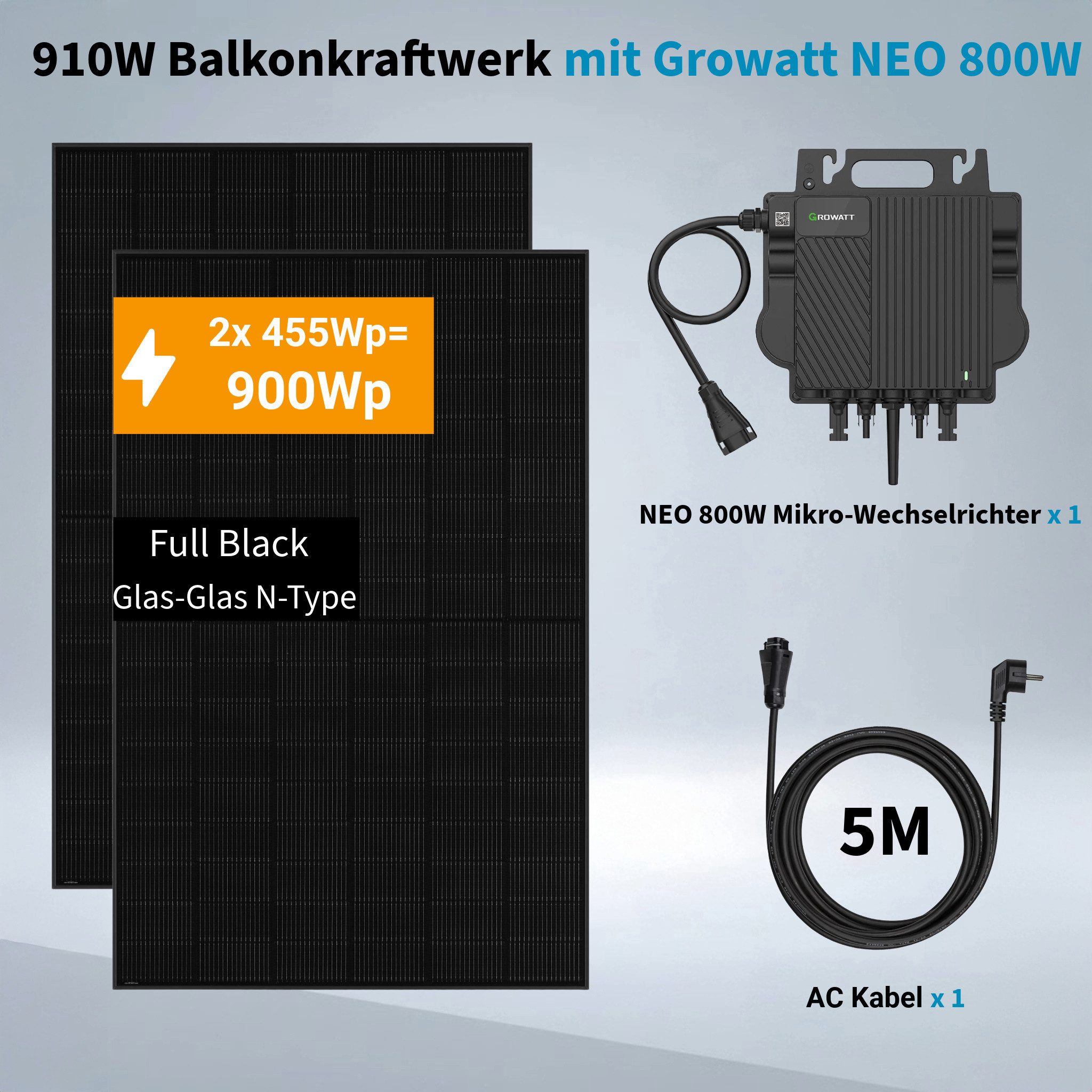 Growatt Balkonkraftwerk 910W Balkonkraftwerk Komplettset mit NEO 800W Mikro-Wechselrichter, 800 W, Monokristallin, (Set, 2-St., 2×455W JA Solar Modul+1×Growatt NEO 800W Mikro-Wechselrichter), mit 5M AC Kabel, Plug und Play