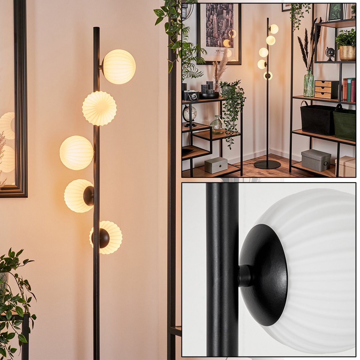 hofstein Stehlampe Stehlampe aus Metall/Riffelglas in Schwarz/Weiß, ohne Leuchtmittel, Leuchte mit Glasschirmen (10cm), Fußschalter, 5xG9, ohne Leuchtmittel