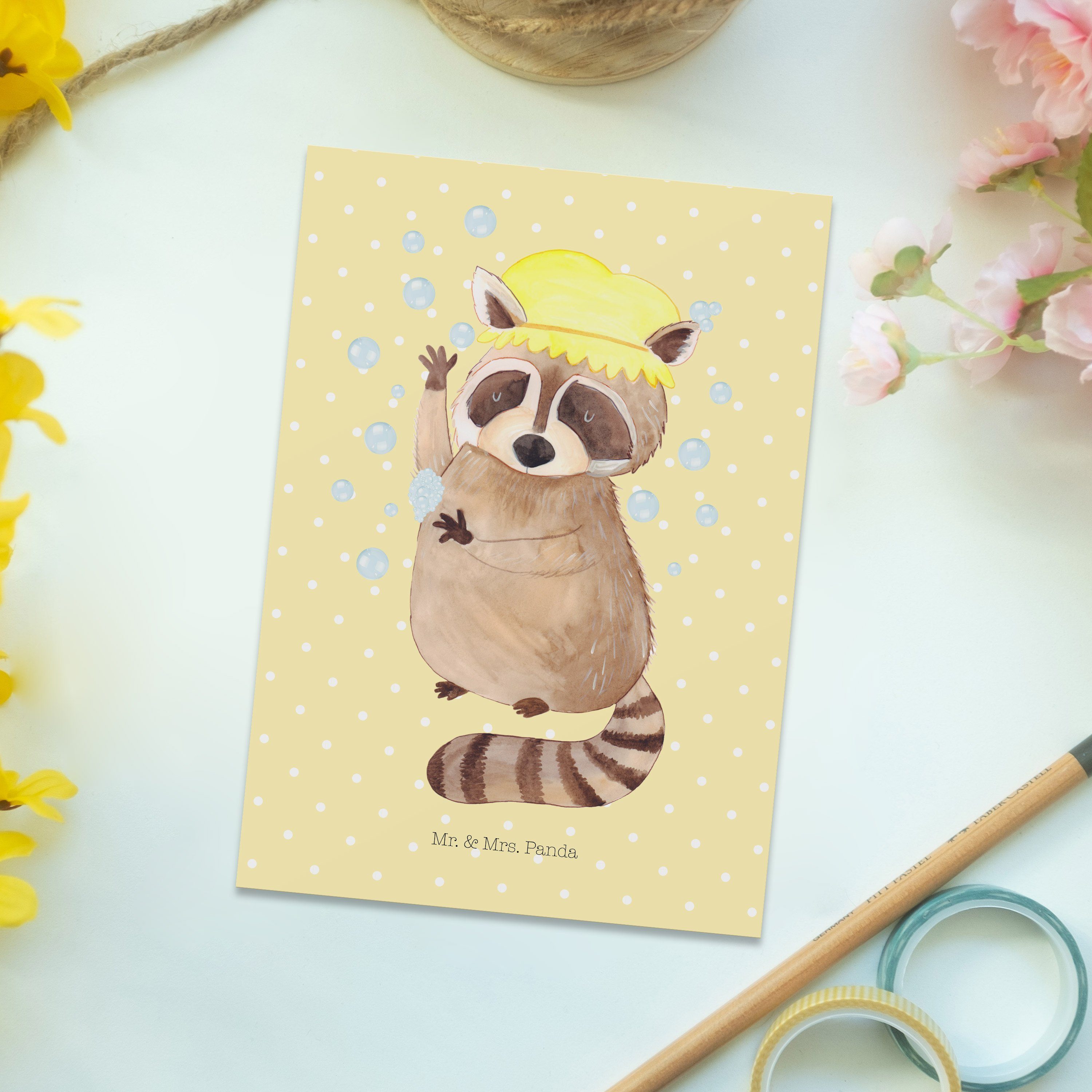 Mrs. - & - Pastell Tierm Fröhlich, Panda Mr. Geschenk, Gelb Geburtstagskarte, Postkarte Waschbär