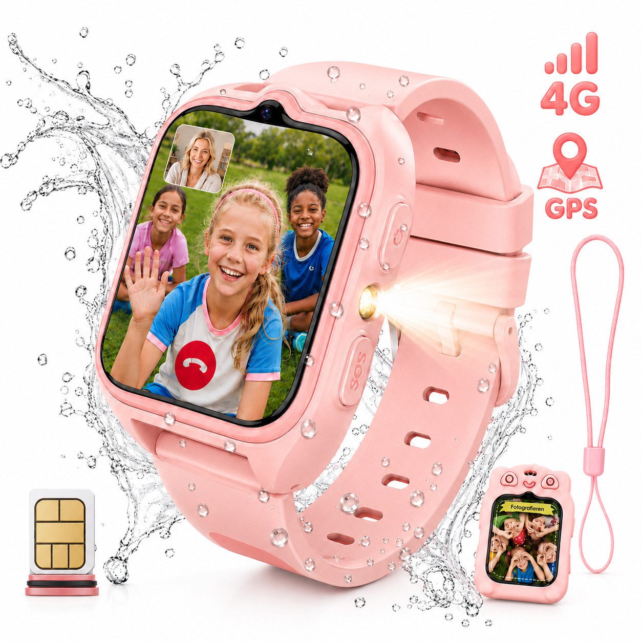 blackview 2026 Neues Kinderuhr 4G LTE mit GPS, HD-Videoanruf, 1,75 Zoll Smartwatch, 1,75'', GPS+LBS+WiFi, 4G-LTE, IP68, Knips-Freunde, mit Taschenlampe