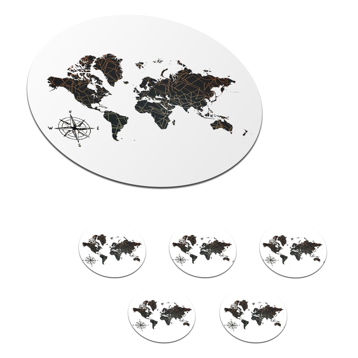 Tasse, Zubehör MuchoWow Weltkarte Glasuntersetzer Schwarz für 6-tlg., - Gläser, Tassenuntersetzer, - Korkuntersetzer, Getränkeuntersetzer, Becher Kompass,