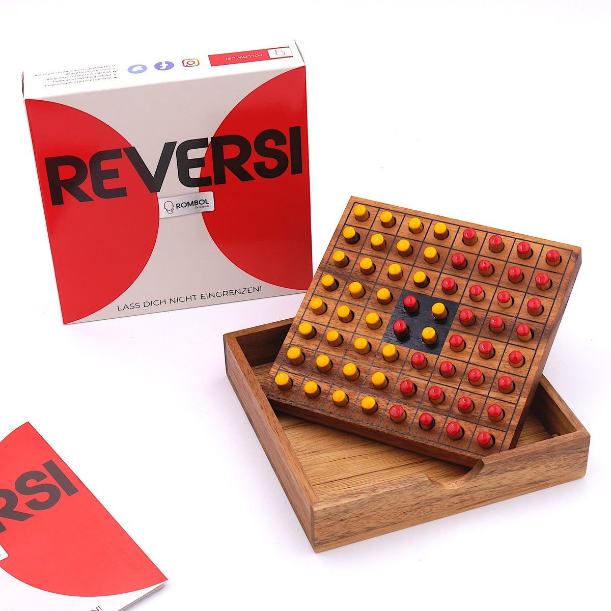 ROMBOL Denkspiele Spiel, Brettspiel Reversi – Interessantes Strategiespiel für 2 Personen aus edlem Holz, Holzspiel rot/gelb