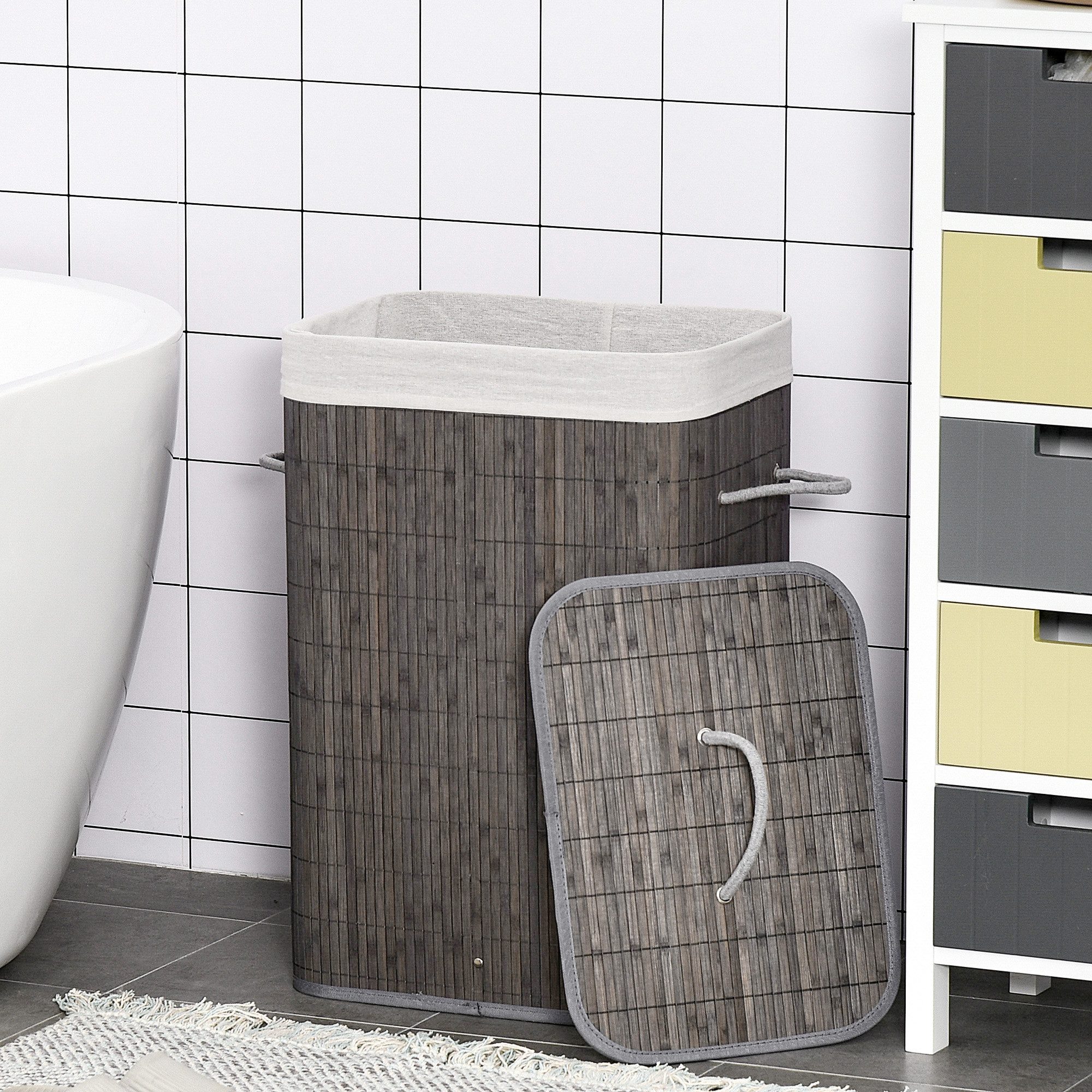 HOMCOM Wäschekorb Bambus schmal mit Deckel 83L Laundry Baskets (Wäschesortierer, 1 St., Wäschesammler), für Waschküche Badezimmer Schlafzimmer Grau