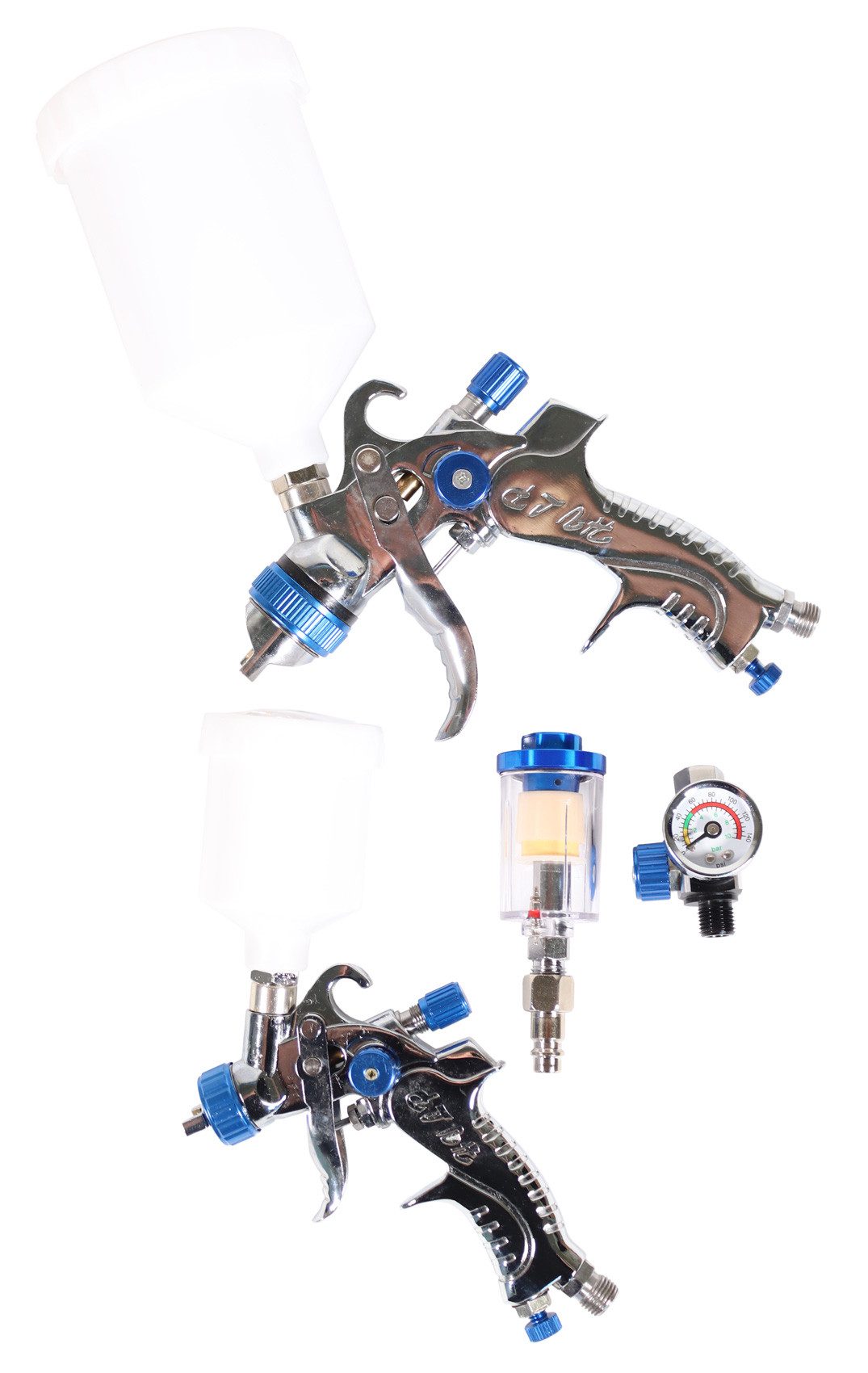 WELDINGER Druckluftwerkzeug Sortiment Druckluft-Farbspritzpistolen HVLP Fließbecher Druckregler, (Set), sparsamer, besonders sauberer Farbauftrag