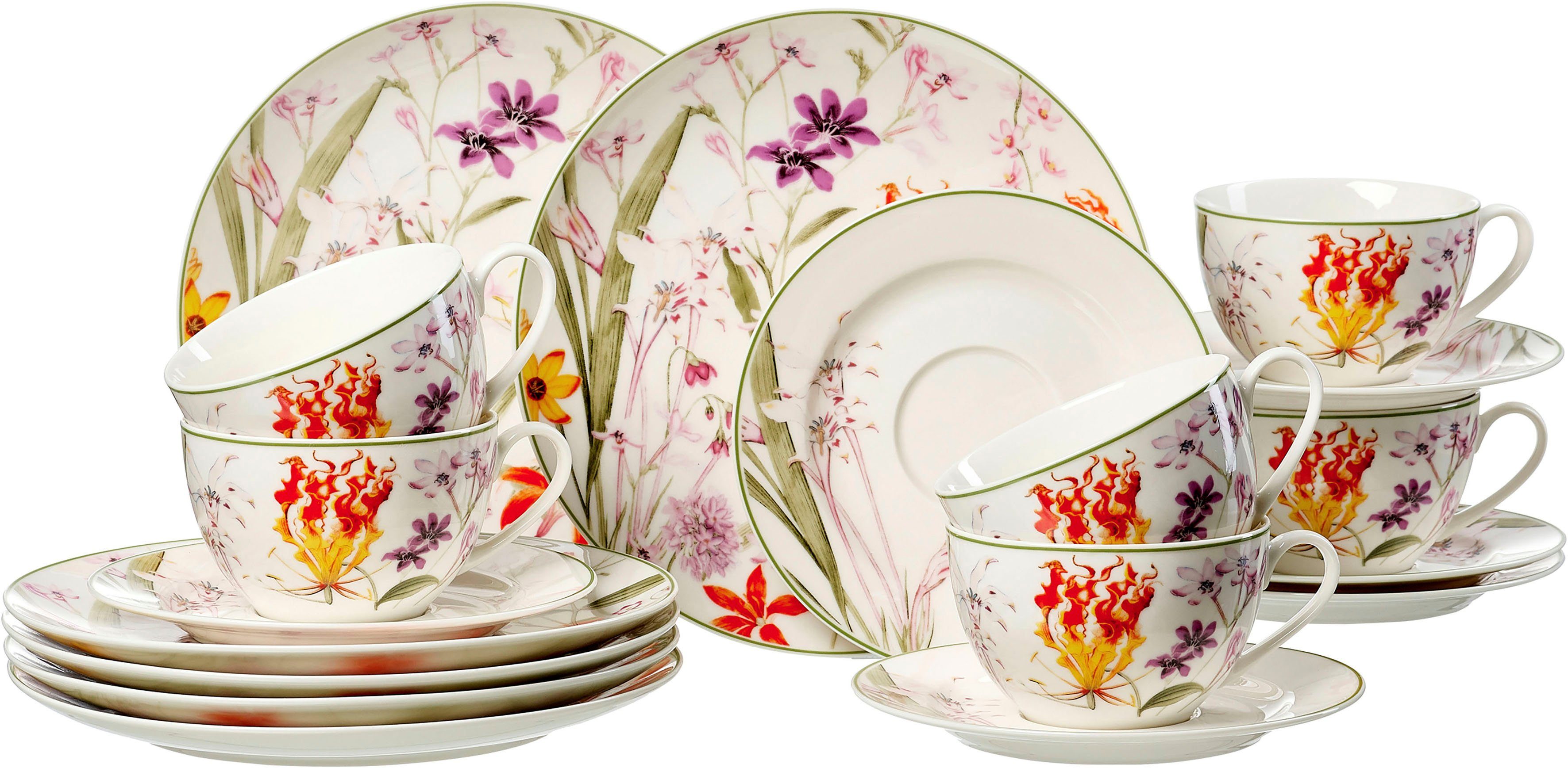 Ritzenhoff & Breker Кавовий сервіз Flora (18-tlg), 6 Personen, Porzellan, Geschirr-Set, Blüten/Blättermotiv