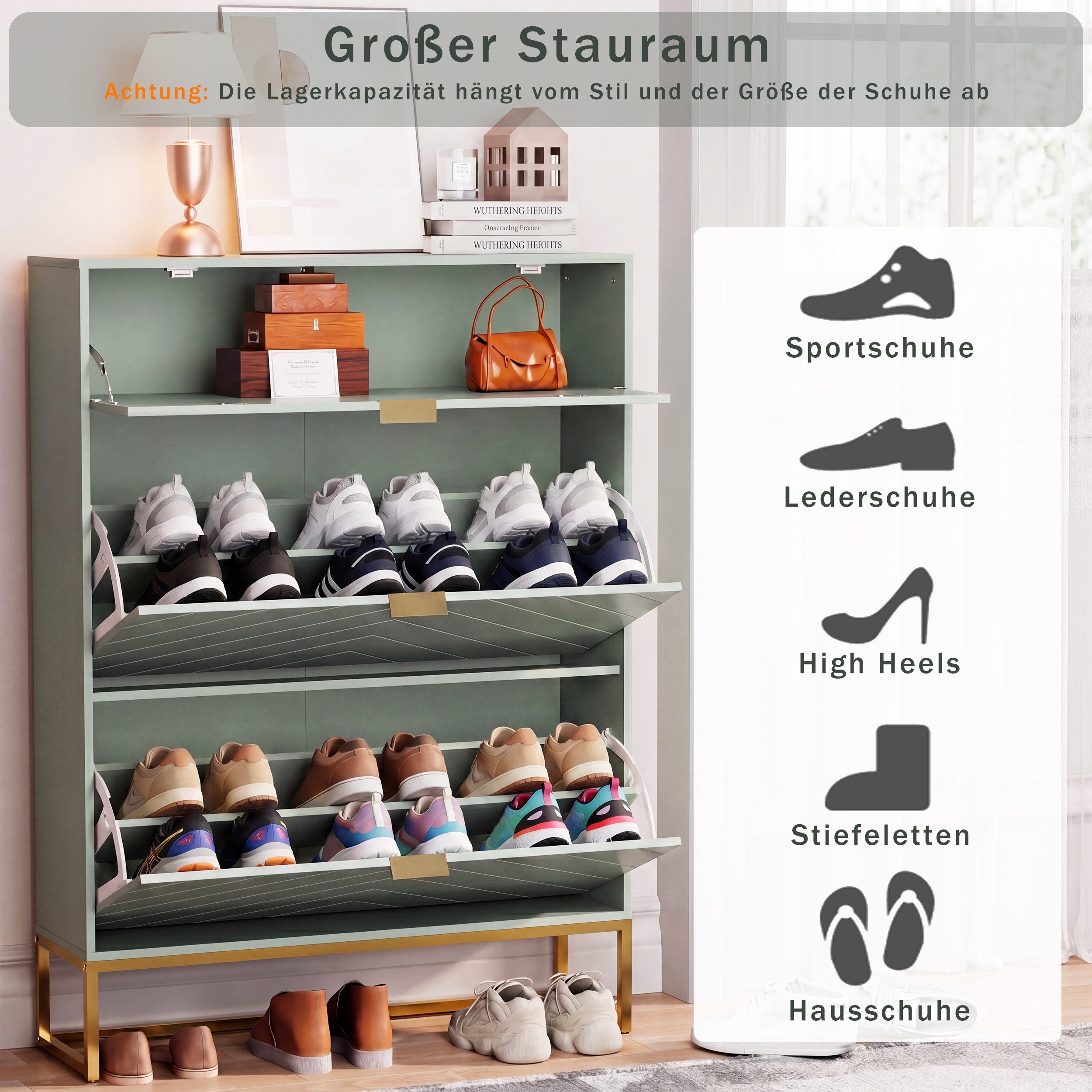 UEV Schuhschrank schmal mit 2 Klappen & 1 Fach, 80x24x122cm Schuhregal Schuhkipper (Flurschrank mit Kippschutz) Schuhkommode mit verstellbaren Trennwände für Ei – Bild 4 von 5