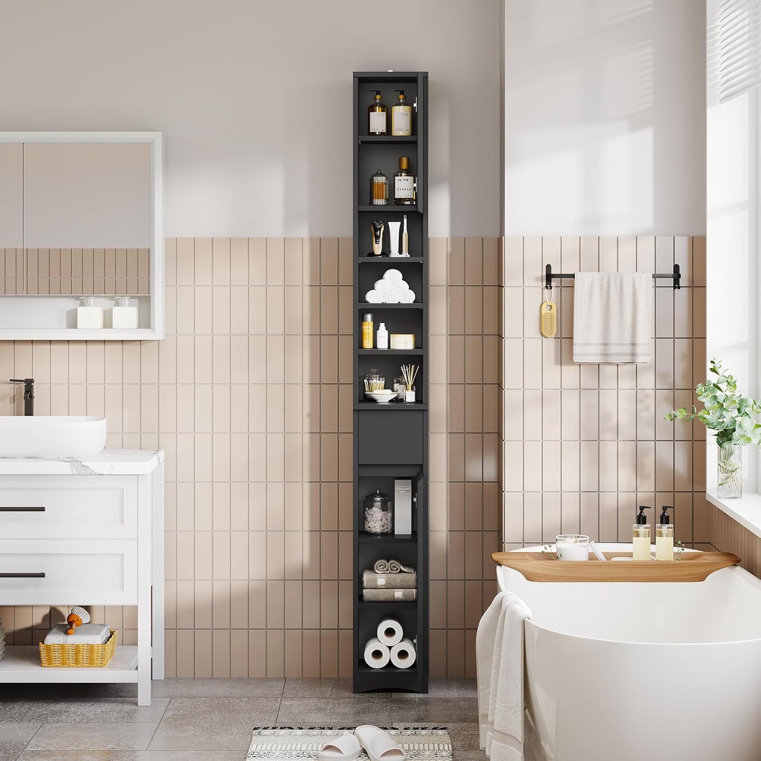 MSMASK Badkommode Badezimmerschrank, Badschrank mit 4 offenen Ablagen und 1 Schublade, Strapazierfähig, Kippschutz, Kratzfest