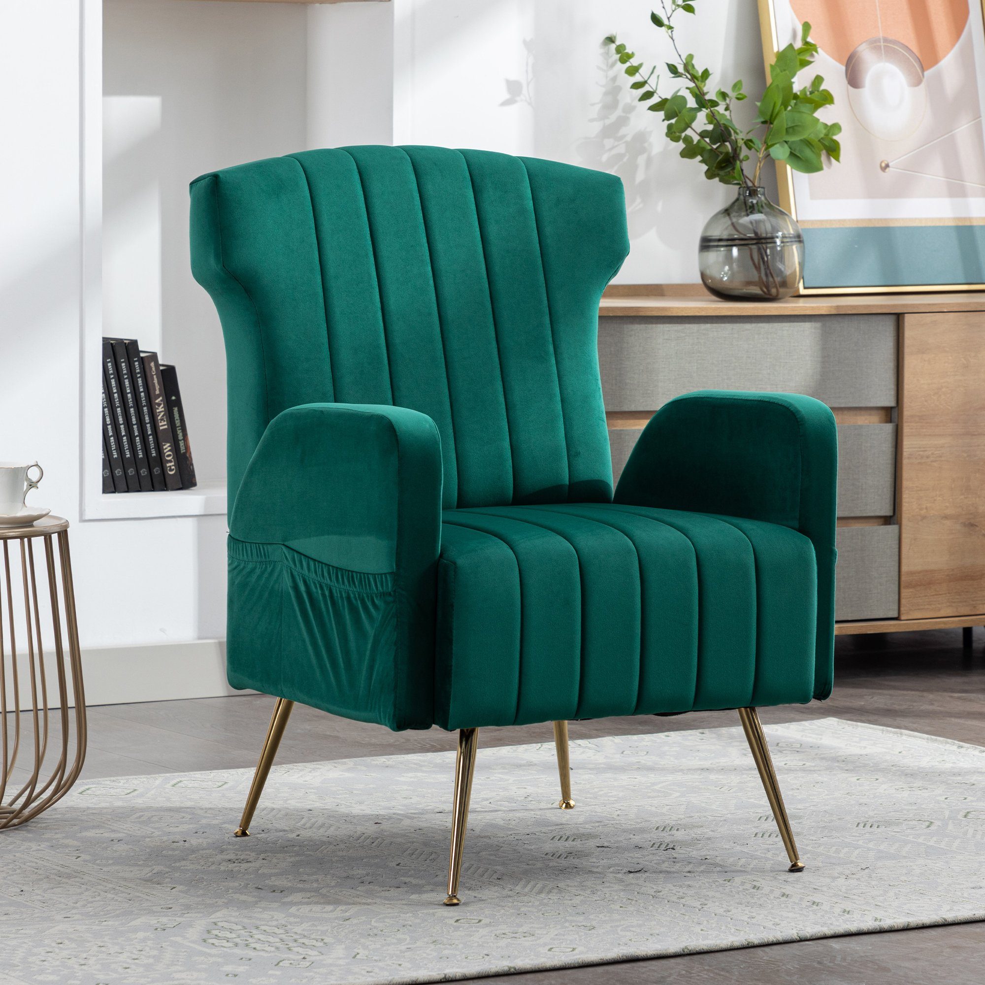 Odikalo Loungesessel Einzelsofa Akzent Stuhl Freizeit goldene Füßen gepolstert mehrfarbig Grün | Loungesessel
