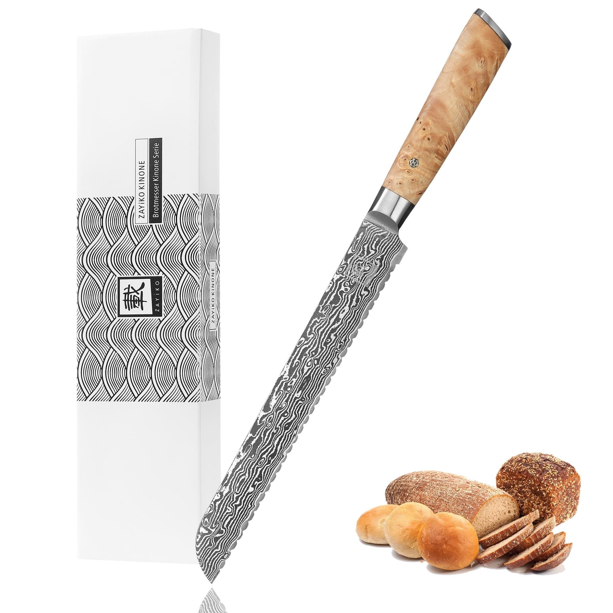OTTO Brotmesser Kinone Damast langes Brotmesser I 23 cm Klinge I Wurzelholzgriff Birke, dunkler Damaststahl