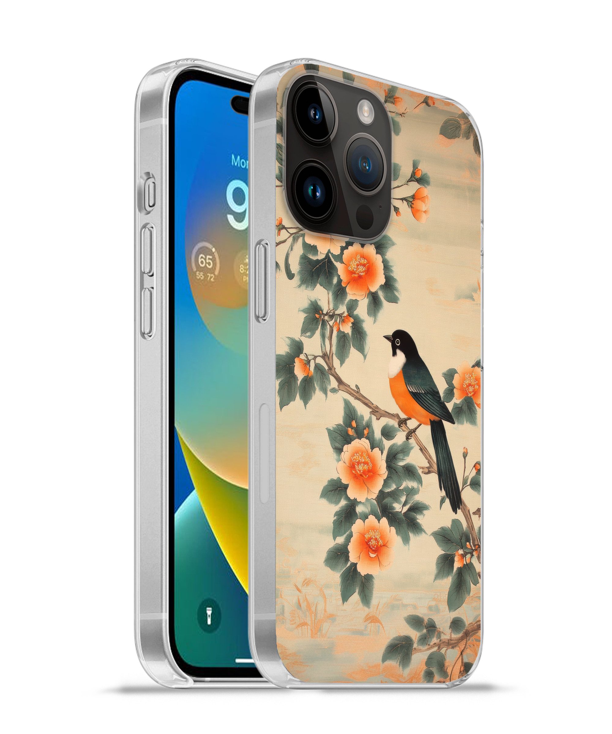 MuchoWow Handyhülle für Apple iPhone 14 Pro Vogel - Zweig - Blumen - Orange, Smartphone-Bumper, Print, Handy Schutzhülle Dünn