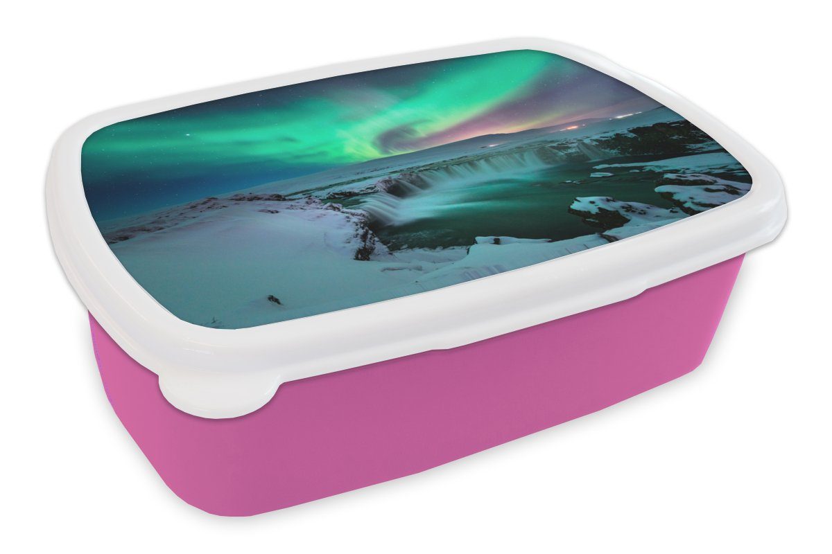 MuchoWow Lunchbox Nordlichter - Schnee - Natur - Island, Kunststoff, (2-tlg), Brotbox für Erwachsene, Brotdose Kinder, Snackbox, Mädchen, Kunststoff rosa