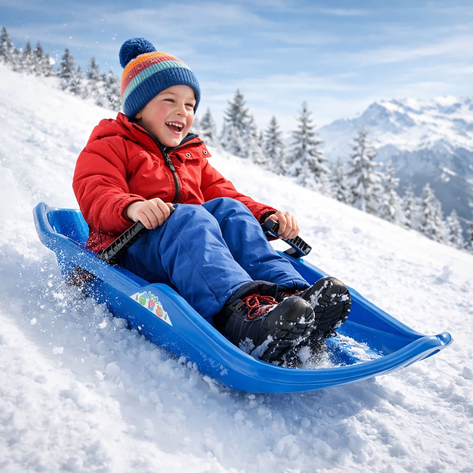 BURI Schlitten Schlitten Twister Race Rodel Kinderschlitten mit Bremsen Blau