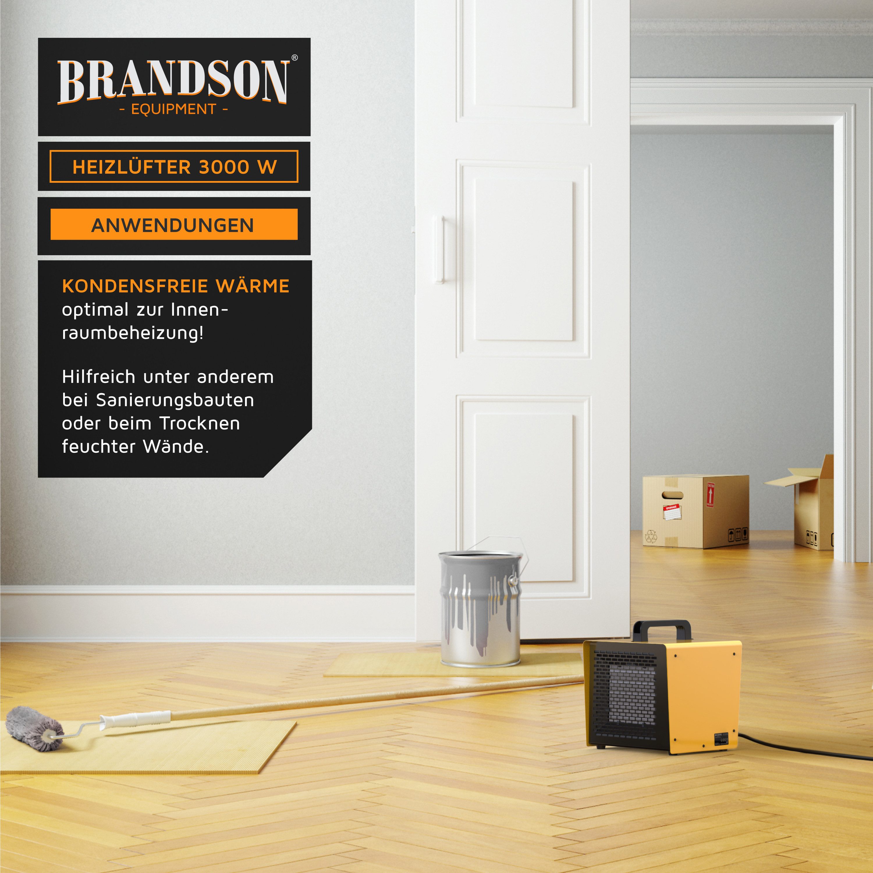 Brandson Keramikheizlüfter Bauheizer 3000 W, PTC Keramik, Thermostat, Lüftermodus, 3000 W, 2 Heizstufen, 200 m3/h, Tragegriff, IP20, 22x26x23 cm