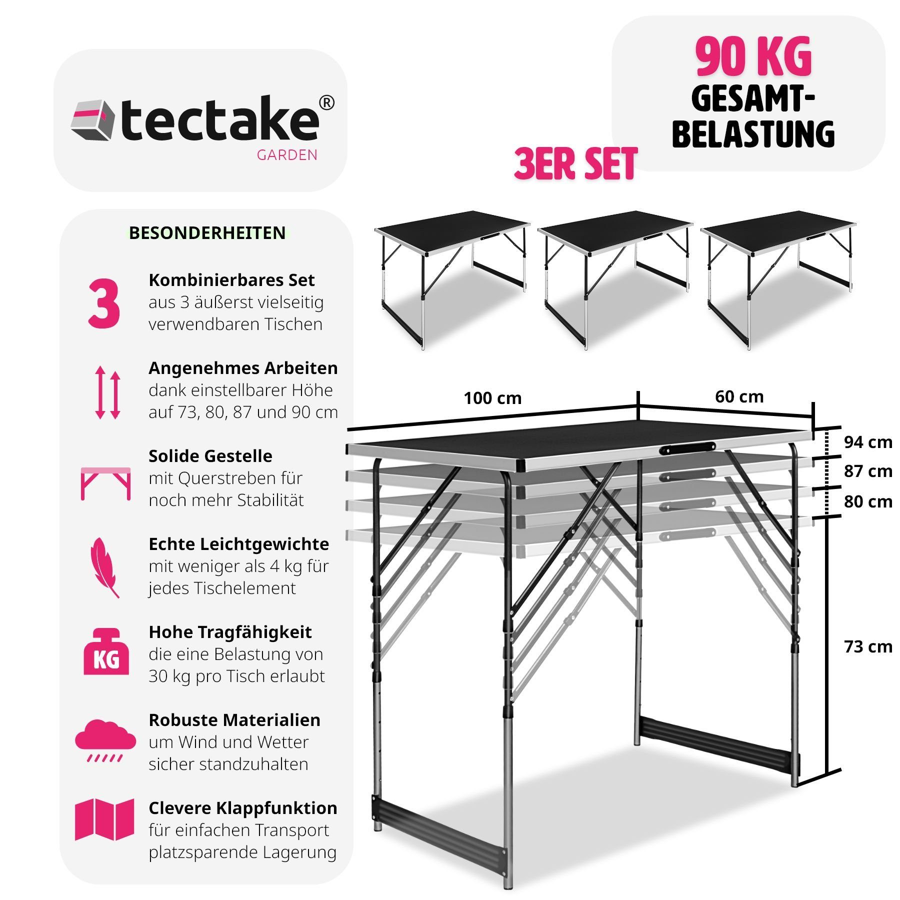 tectake (3-St., Tapeziertische 3 3 Tapeziertisch tlg)