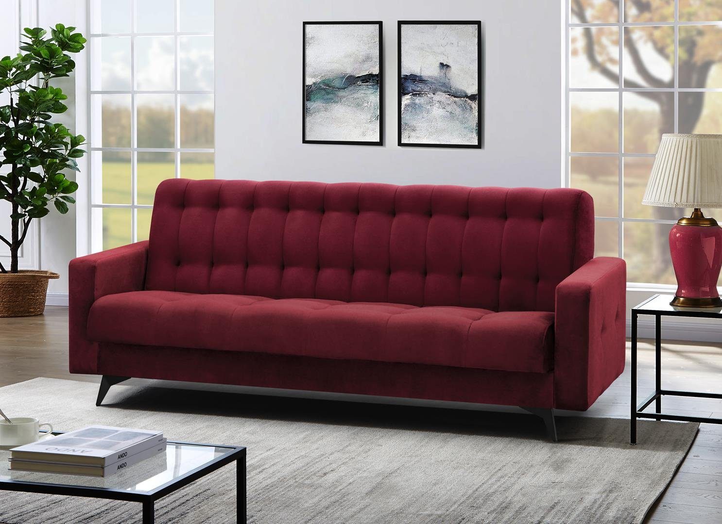 Beautysofa Schlafsofa GRETA BIS, Sofa Bettkasten, Wohnzimmer, Velour, für Schlaffunktion, Couch Polstersofa Kastanienrot