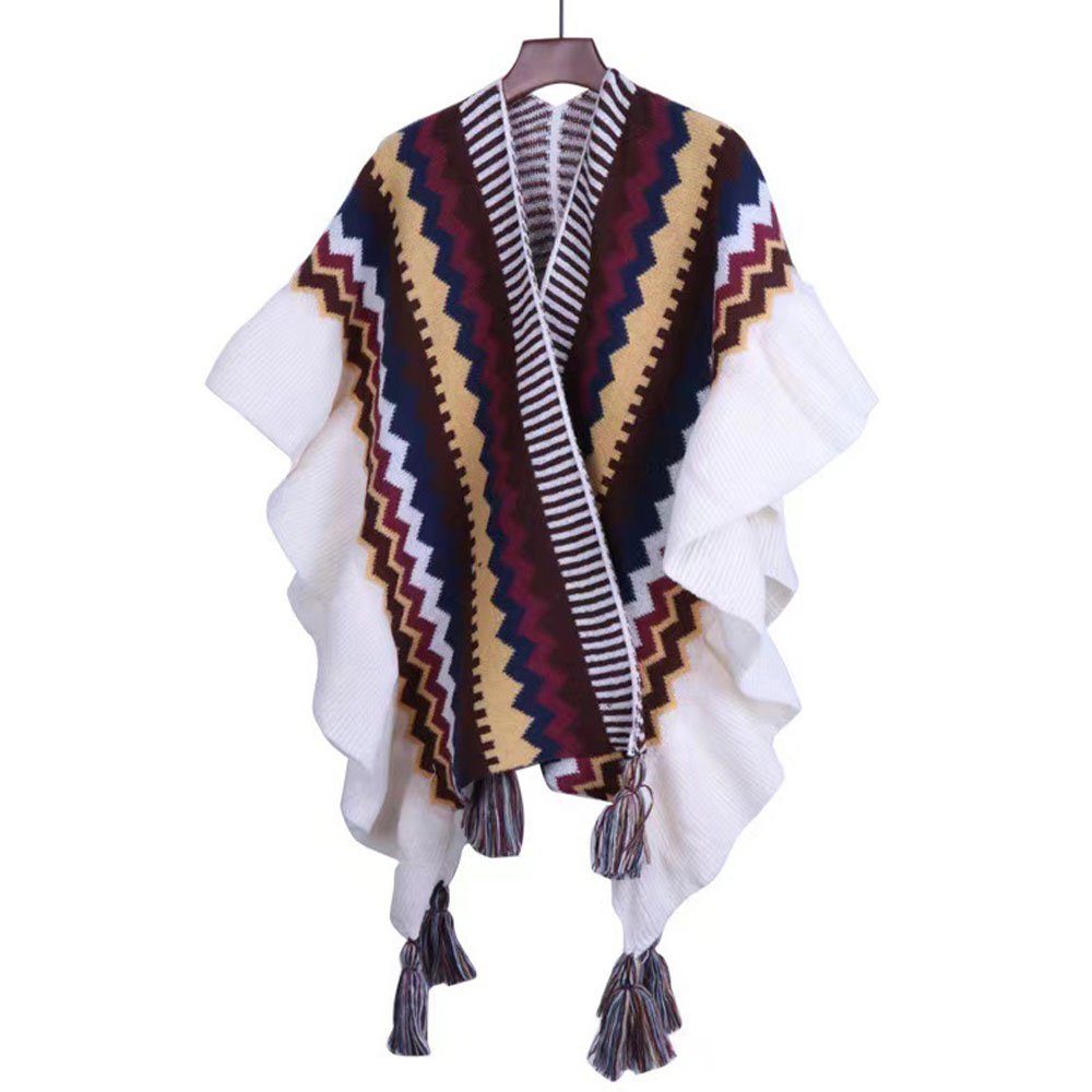 AUzzO~ Kaschmirschal Damen Reversible Umhang Folk-Stil chal 133×88cm Gelb Schals, Damen Gestrickter Poncho