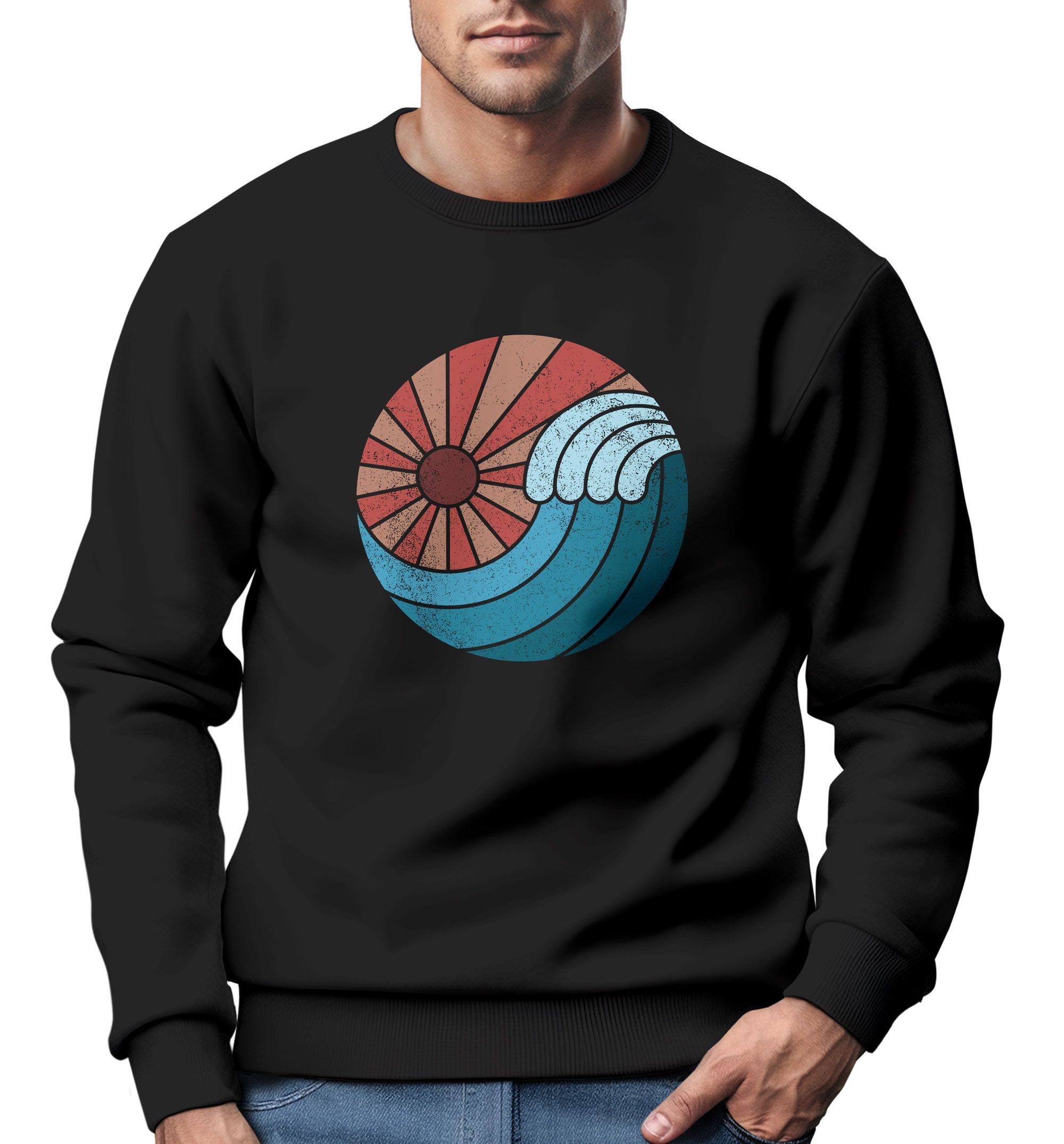 Neverless Sweatshirt Sweatshirt Herren Print Welle Sonne Retro Vintage Oldschool