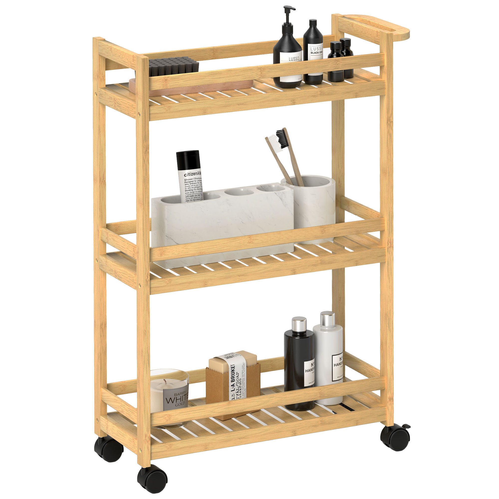 HOMCOM Servierwagen 3-stöckig, aus Bambus, mit Rolle, Griff, (Aufbewahrungswagen, 1 St., Küchenwagen), für Büro, Wohnzimmer, Küche, 55 x 20 x 75 cm, Naturholz