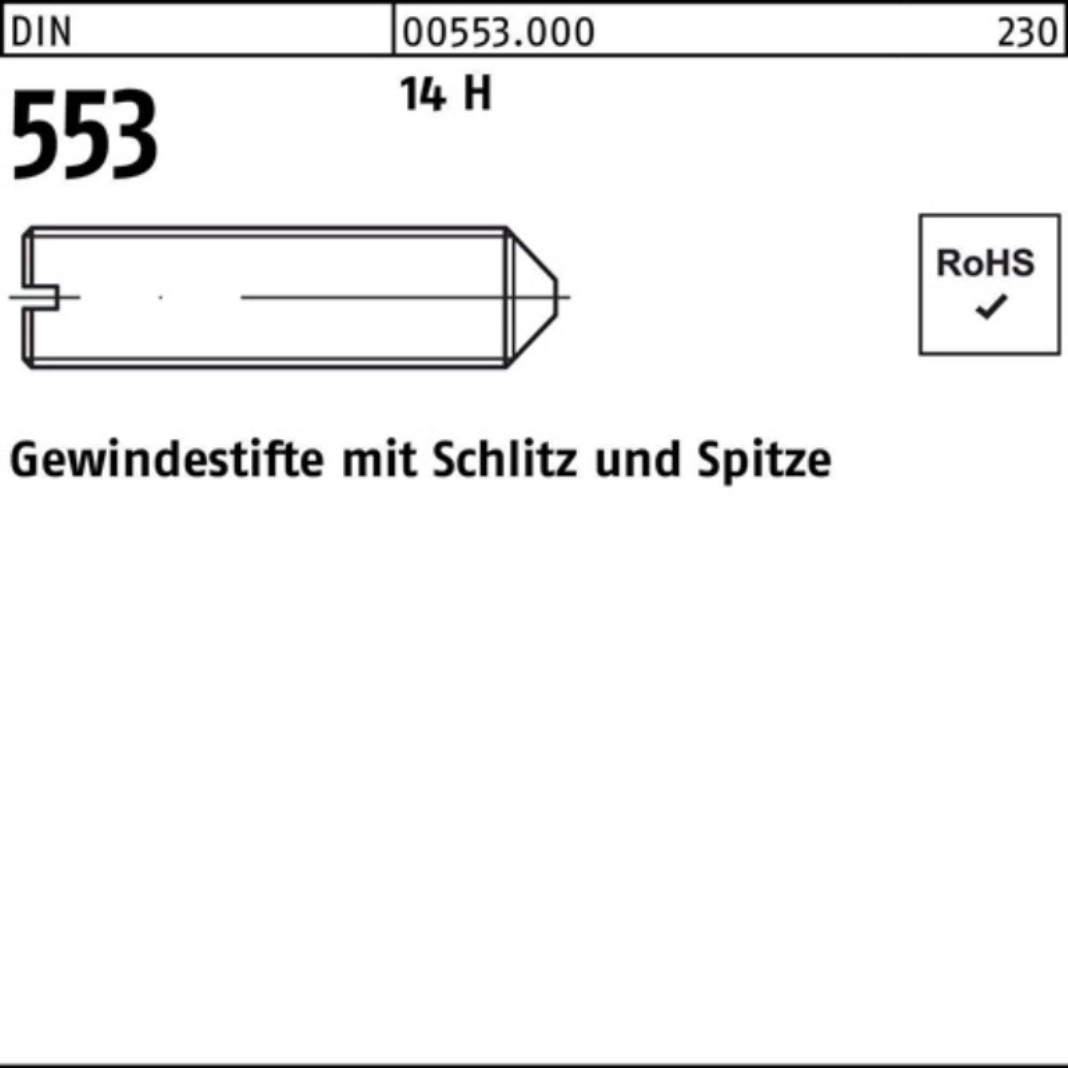 Gewindestift Schlitz/Spitze 1000 H 8 Gewindebolzen M4x 14 1000er Stück 553 DIN Pack Reyher