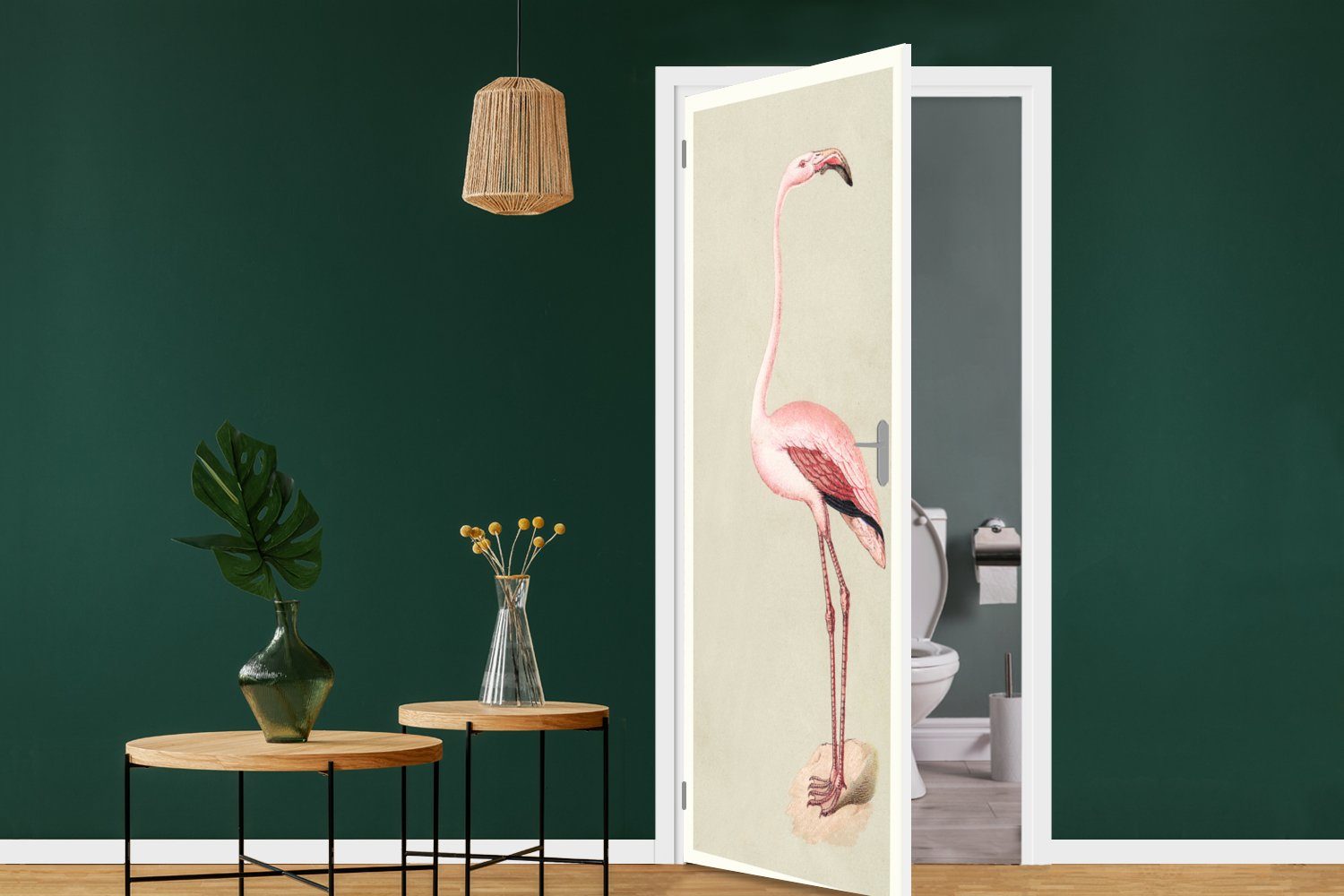 Matt, (1 75x205 Türaufkleber, Flamingo, St), Antiker cm Fototapete für MuchoWow Tür, Türtapete Vogel-Druck bedruckt,