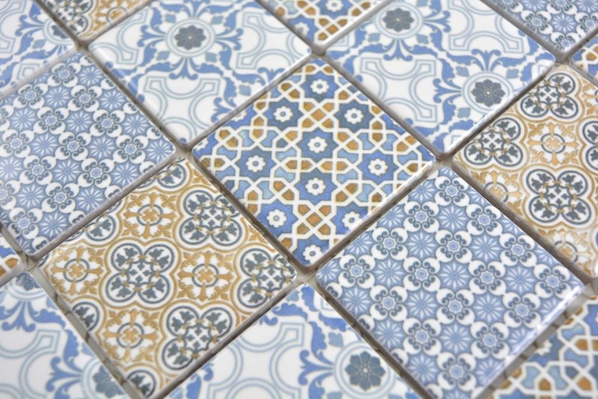 Mosani Mosaikfliesen Keramik Mosaik Fliese Retro beige gelb blau weis