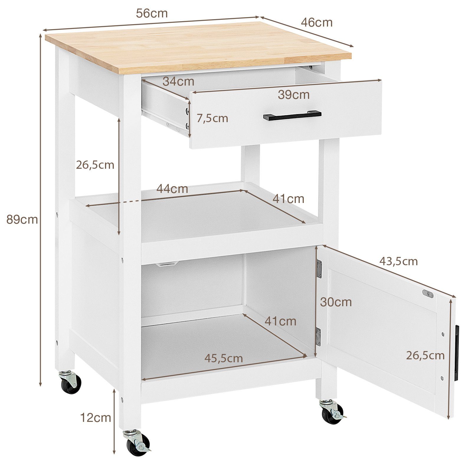 3 Servierwagen Schrank, mit Küchenwagen, Schublade, COSTWAY 56x46x89cm Haken