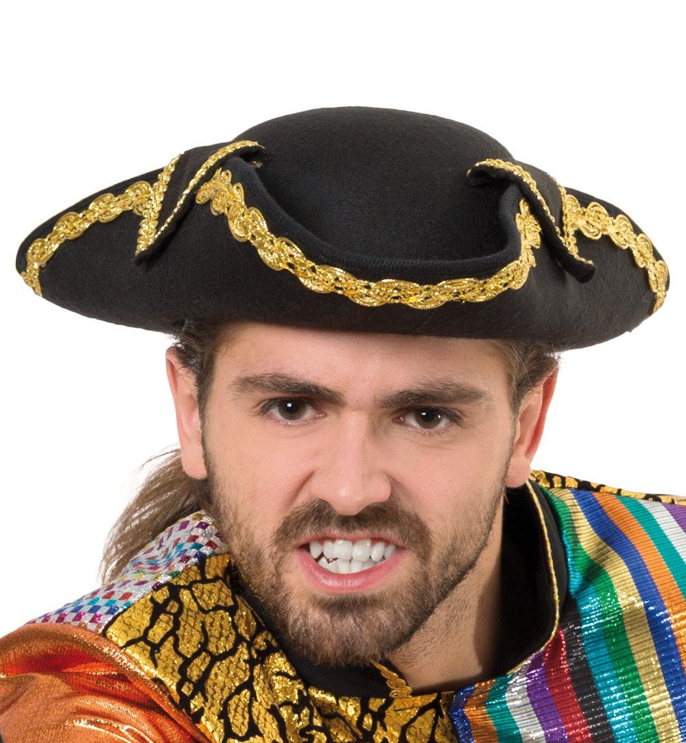 Fries Piraten-Kostüm Dreispitz Piraten Seeräuber Hut Schwarz Gold Karneval günstig online kaufen
