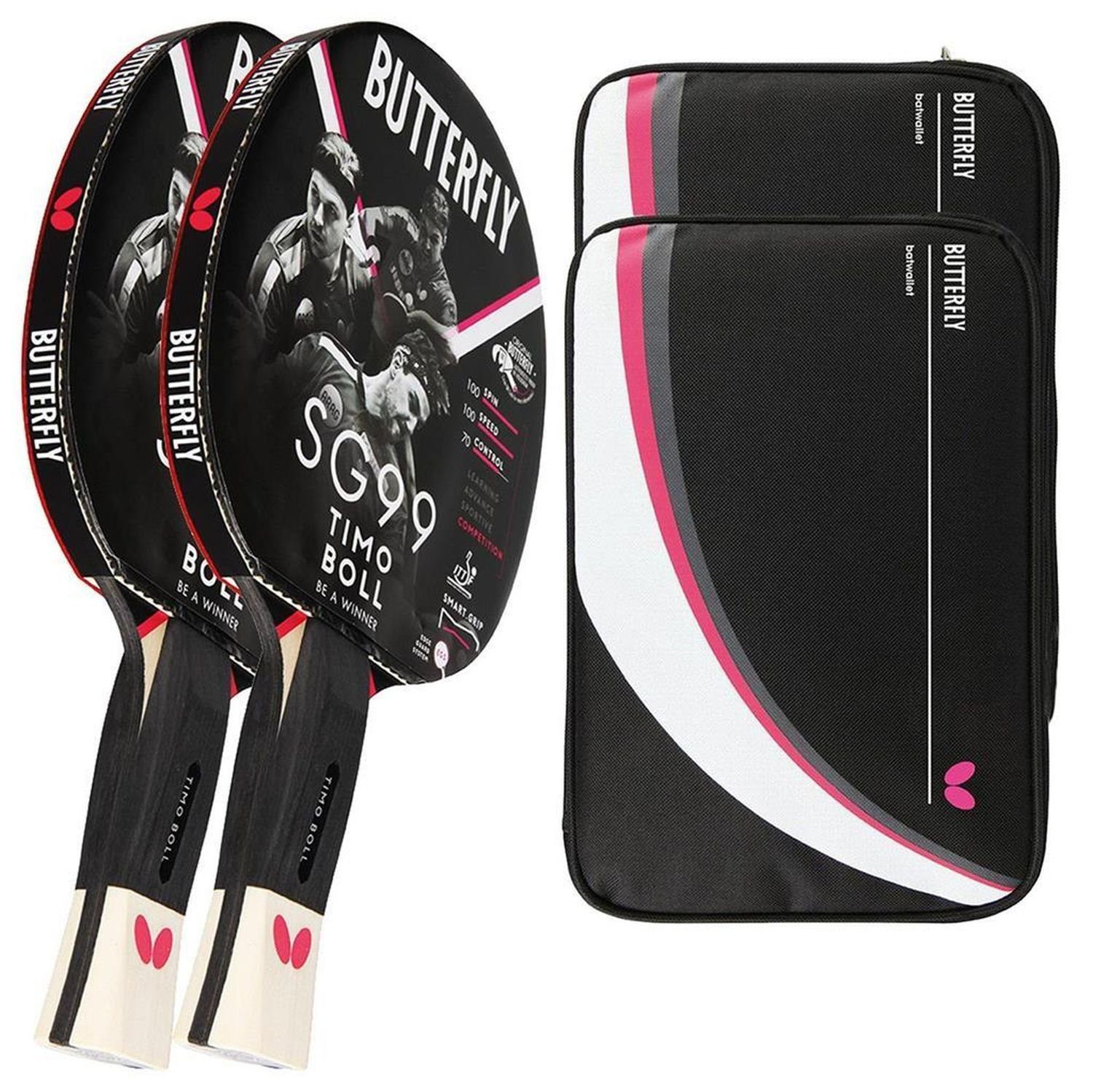 Butterfly Tischtennisschläger 2x Timo Boll SG99 + 2x Drive Case 2, Tischtennis Schläger Set Tischtennisset Table Tennis Bat Racket