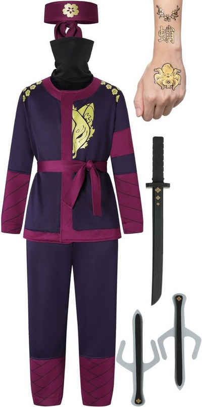 Corimori Kostüm Ninja-Kostüm für Kinder (Jungen und Mädchen) mit Zubehör (Katana-Schwe, Katana-Schwert, Dolche, Stirnband, Maske, Tattoos, Lila S 98-110 cm