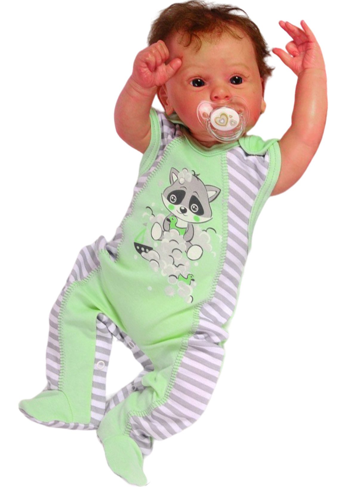 Strampler Baby Einteiler Stramplerhose ärmellos in Grün mit Waschbär